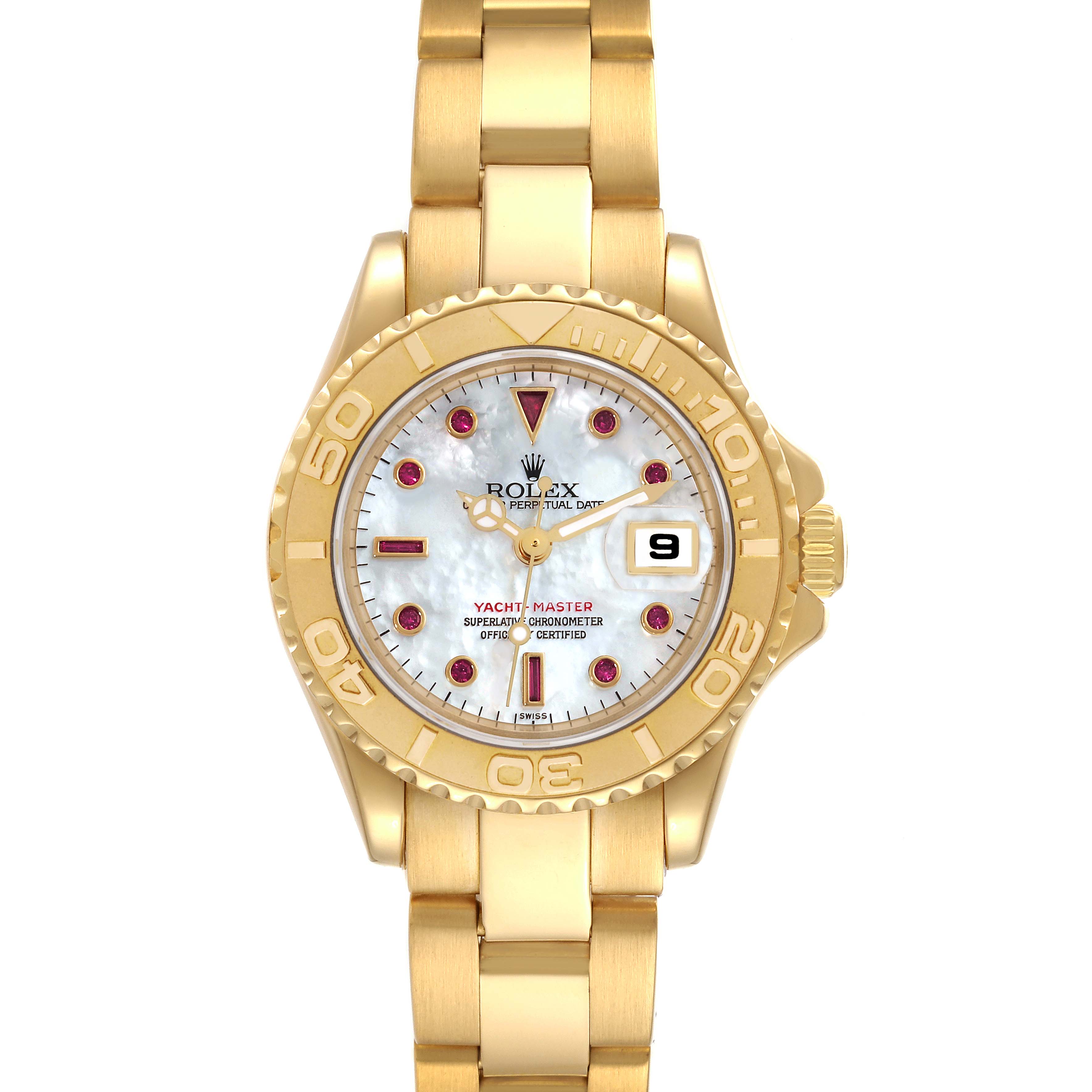 This image shows a direct front view of a Rolex Yacht-Master 169628 Women's Yellow Gold Mother of Pearl Dial 169628 Women's Yellow Gold Mother of Pearl Dial watch, highlighting the gold case, bracelet, and mother-of-pearl dial with ruby hour markers.