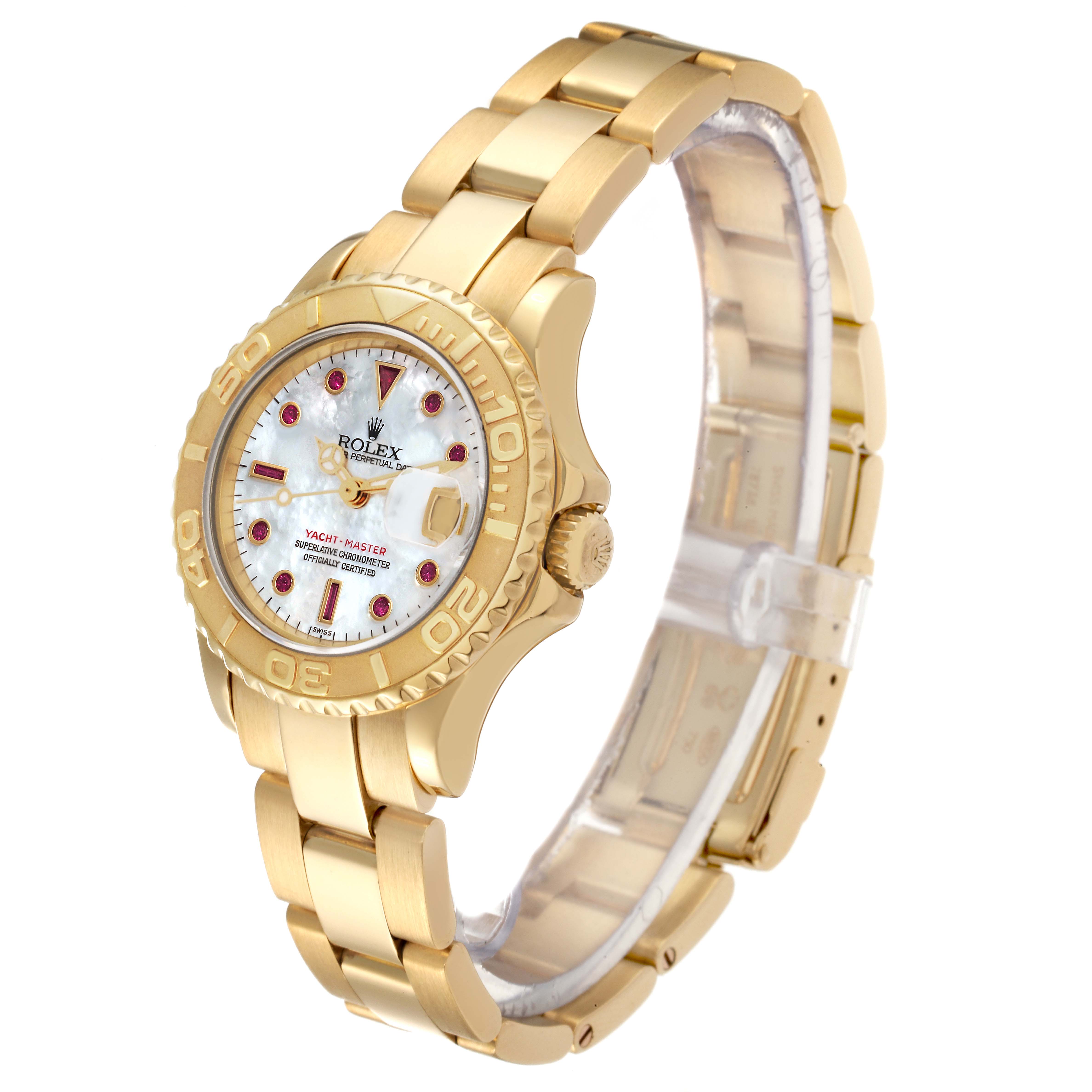 The image shows a side angle of a Rolex Yacht-Master 169628 Women's Yellow Gold Mother of Pearl Dial 169628 Women's Yellow Gold Mother of Pearl Dial watch, highlighting its gold case and band.
