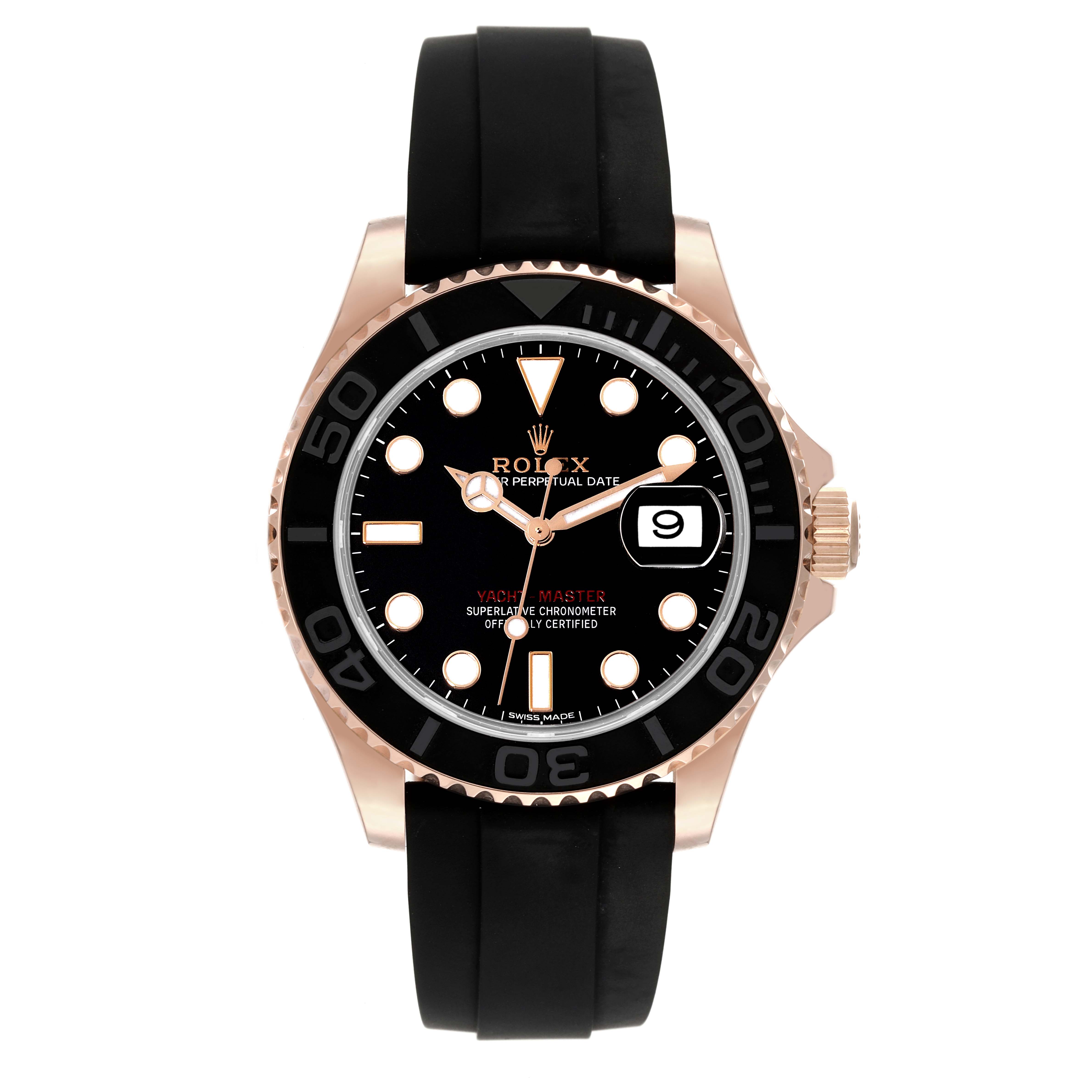 This Rolex Yacht-Master 116655 Men's Rose Gold Black Dial 116655 Men's Rose Gold Black Dial watch is shown from a front angle, featuring the dial, bezel, crown, and black rubber strap.