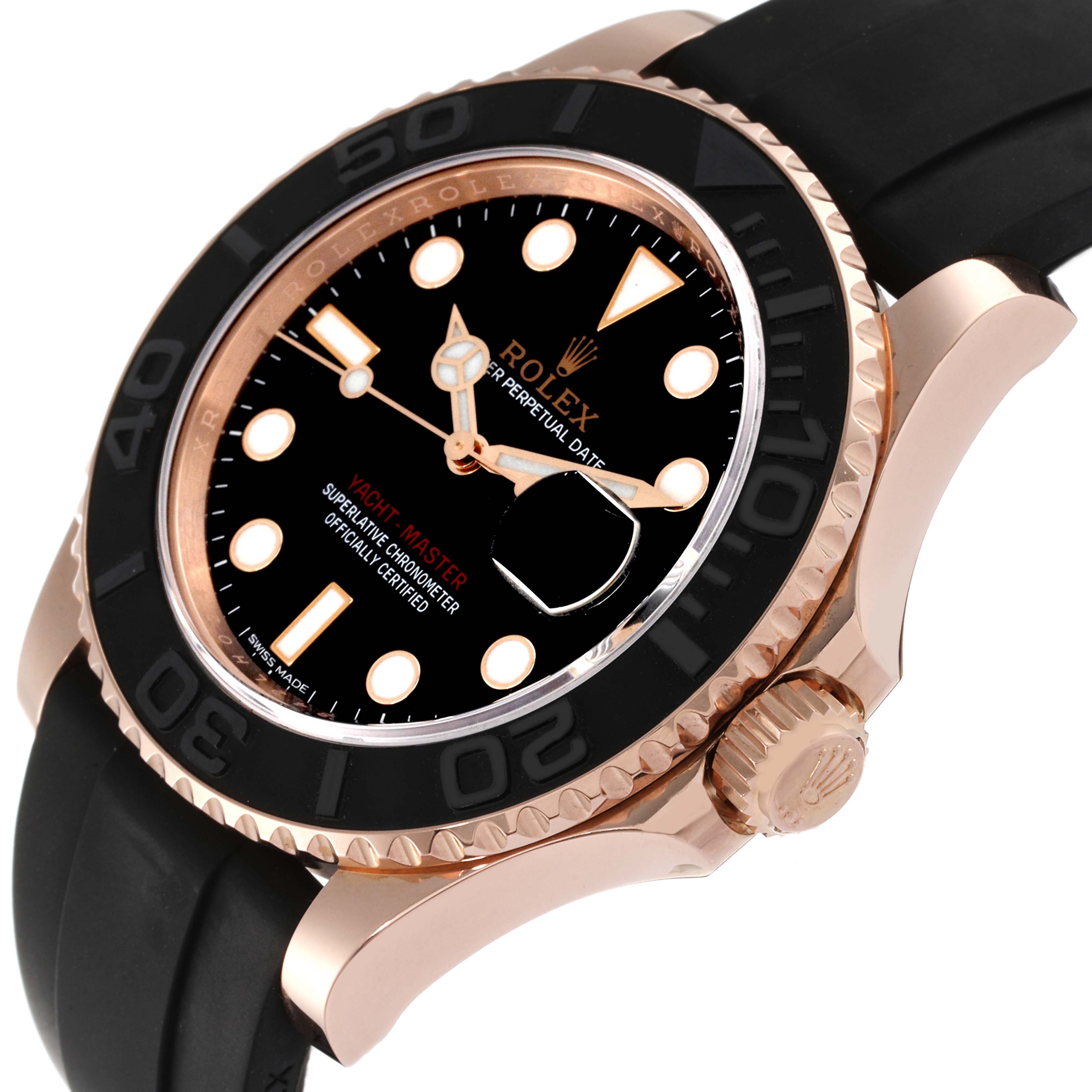 The image shows a close-up side view of a Rolex Yacht-Master 116655 Men's Rose Gold Black Dial 116655 Men's Rose Gold Black Dial watch, highlighting its black dial, rose gold case, and black strap.
