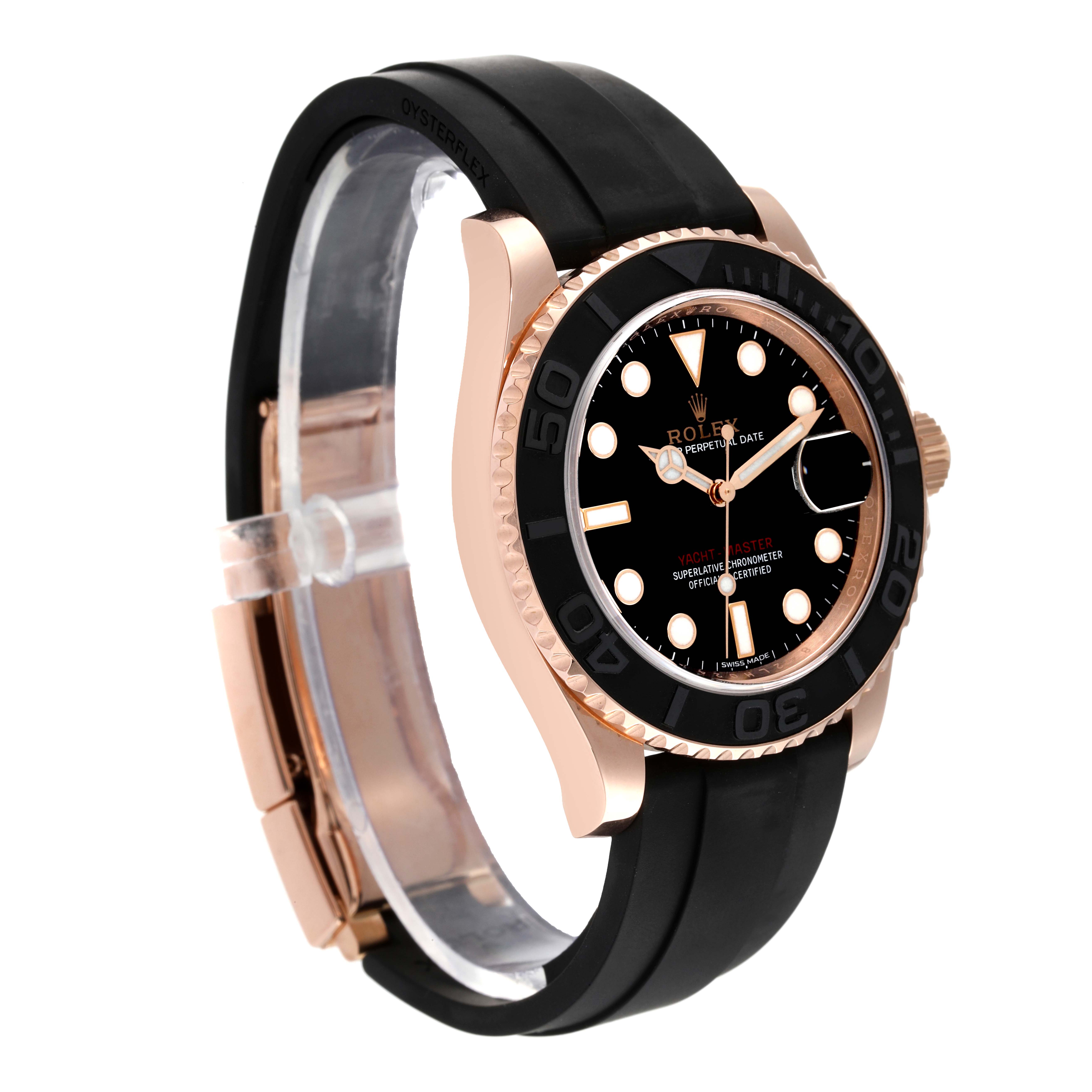 The angled view shows the Rolex Yacht-Master 116655 Men's Rose Gold Black Dial 116655 Men's Rose Gold Black Dial watch with a black dial, rose gold bezel, and black rubber strap.