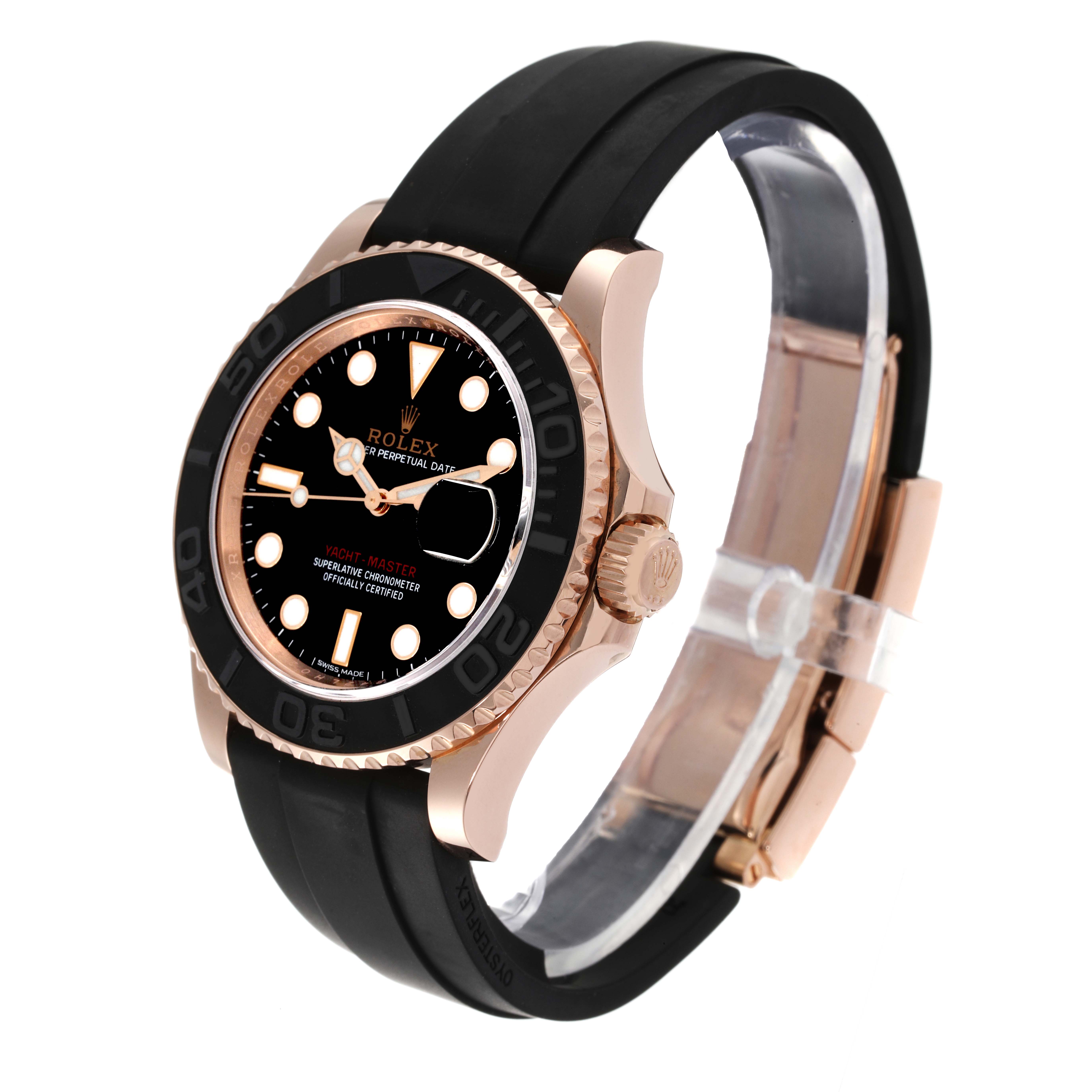 The Rolex Yacht-Master 116655 Men's Rose Gold Black Dial 116655 Men's Rose Gold Black Dial watch is shown at a 3/4 angle, featuring its face, bezel, crown, and rubber strap.