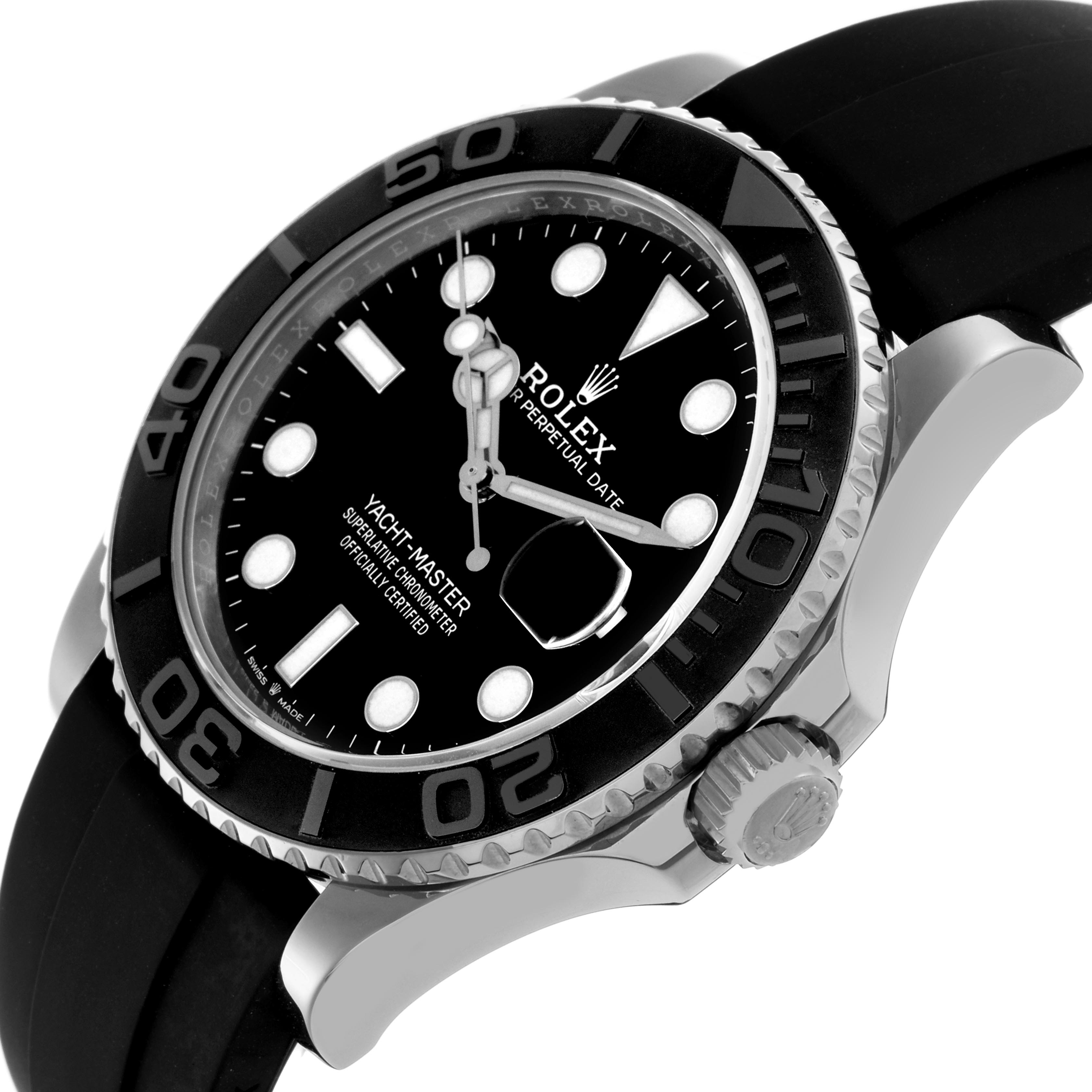 The Rolex Yacht-Master 226659 Men
s White Gold Black Dial 226659 Men
s White Gold Black Dial watch is shown at a tilted angle highlighting the face and bezel, with a focus on the crown and rubber strap.