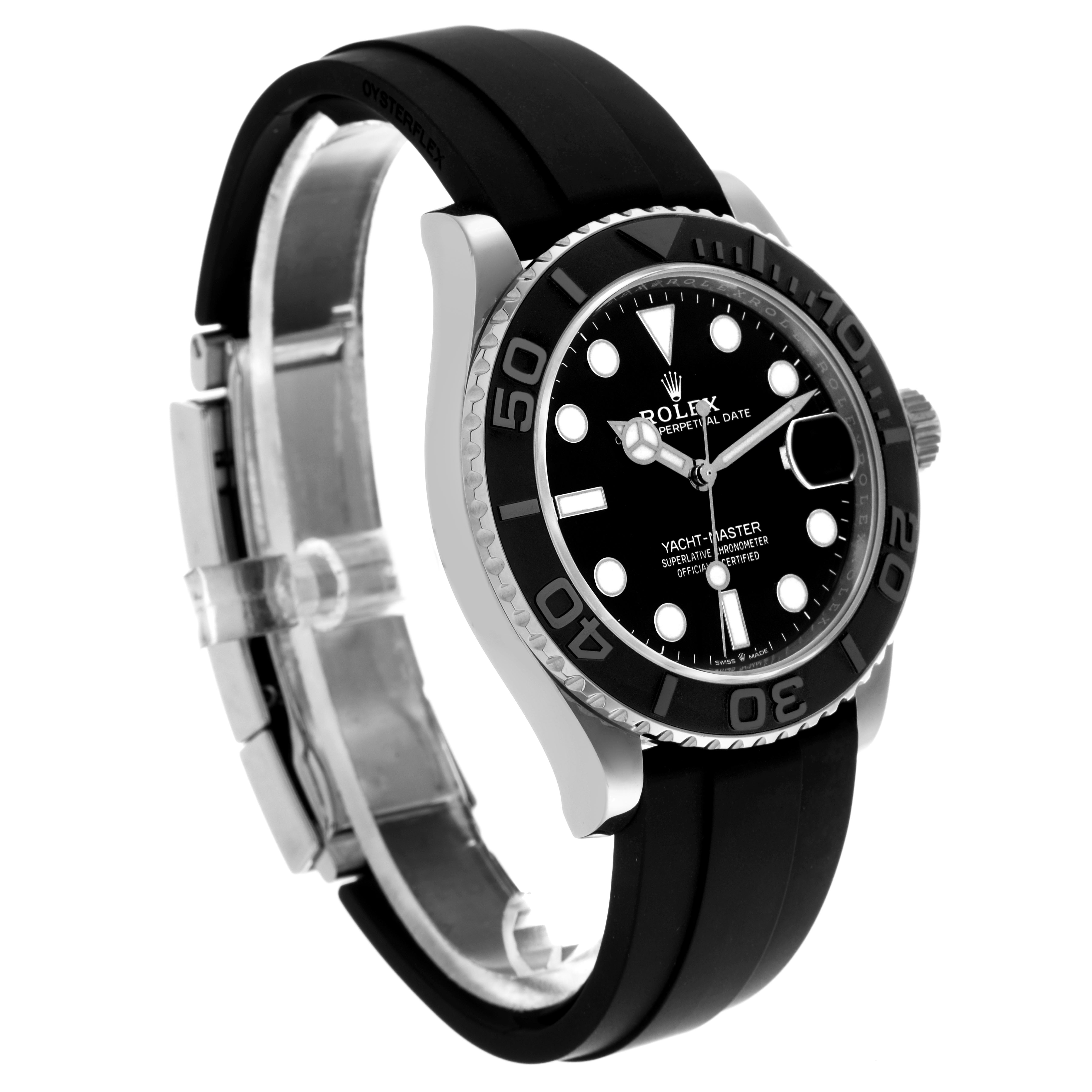 The Rolex Yacht-Master 226659 Men
s White Gold Black Dial 226659 Men
s White Gold Black Dial watch is shown at a slight angle, highlighting its dial, bezel, and rubber strap.