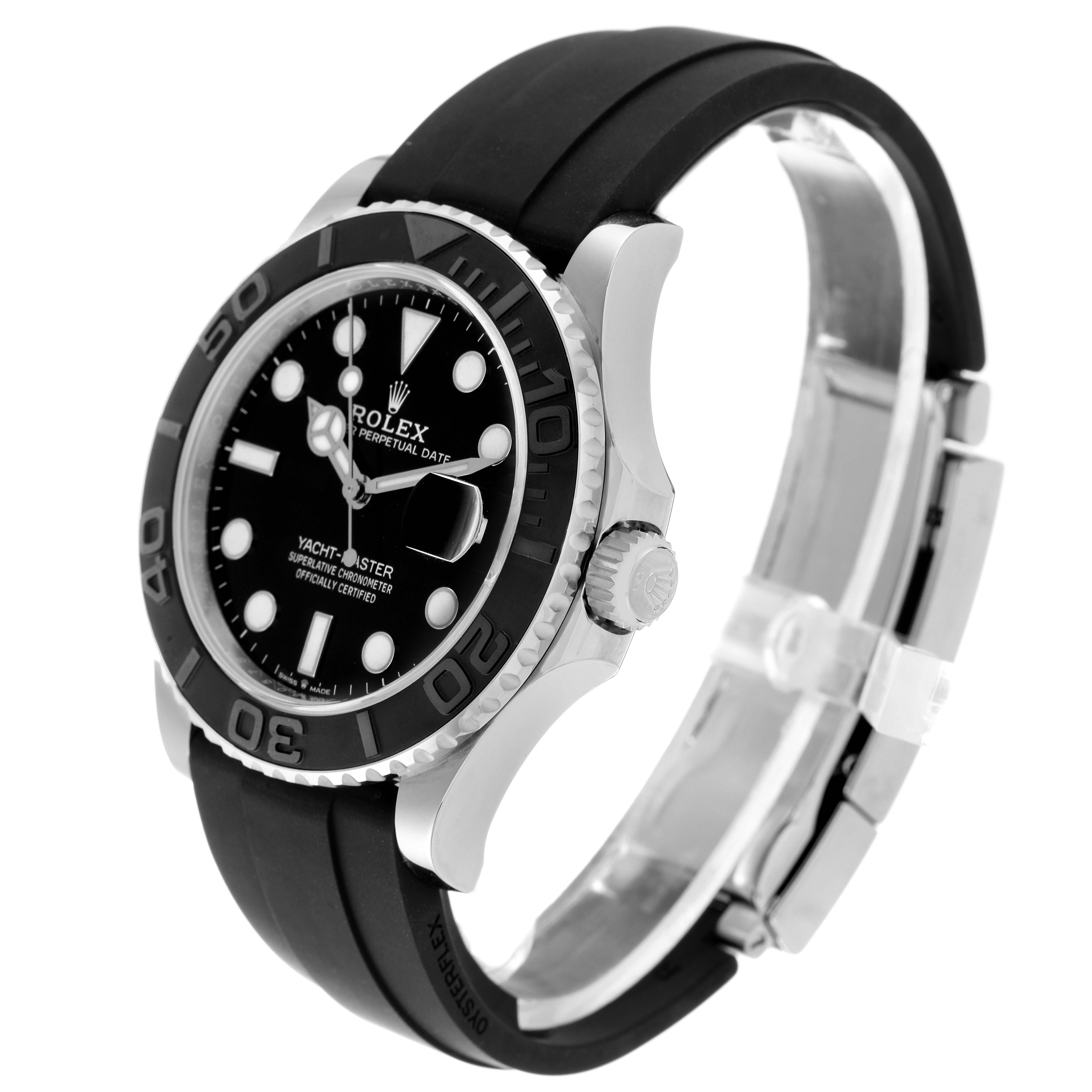 The Rolex Yacht-Master 226659 Men's White Gold Black Dial 226659 Men's White Gold Black Dial watch is shown from a three-quarter view, highlighting the face, bezel, and strap.