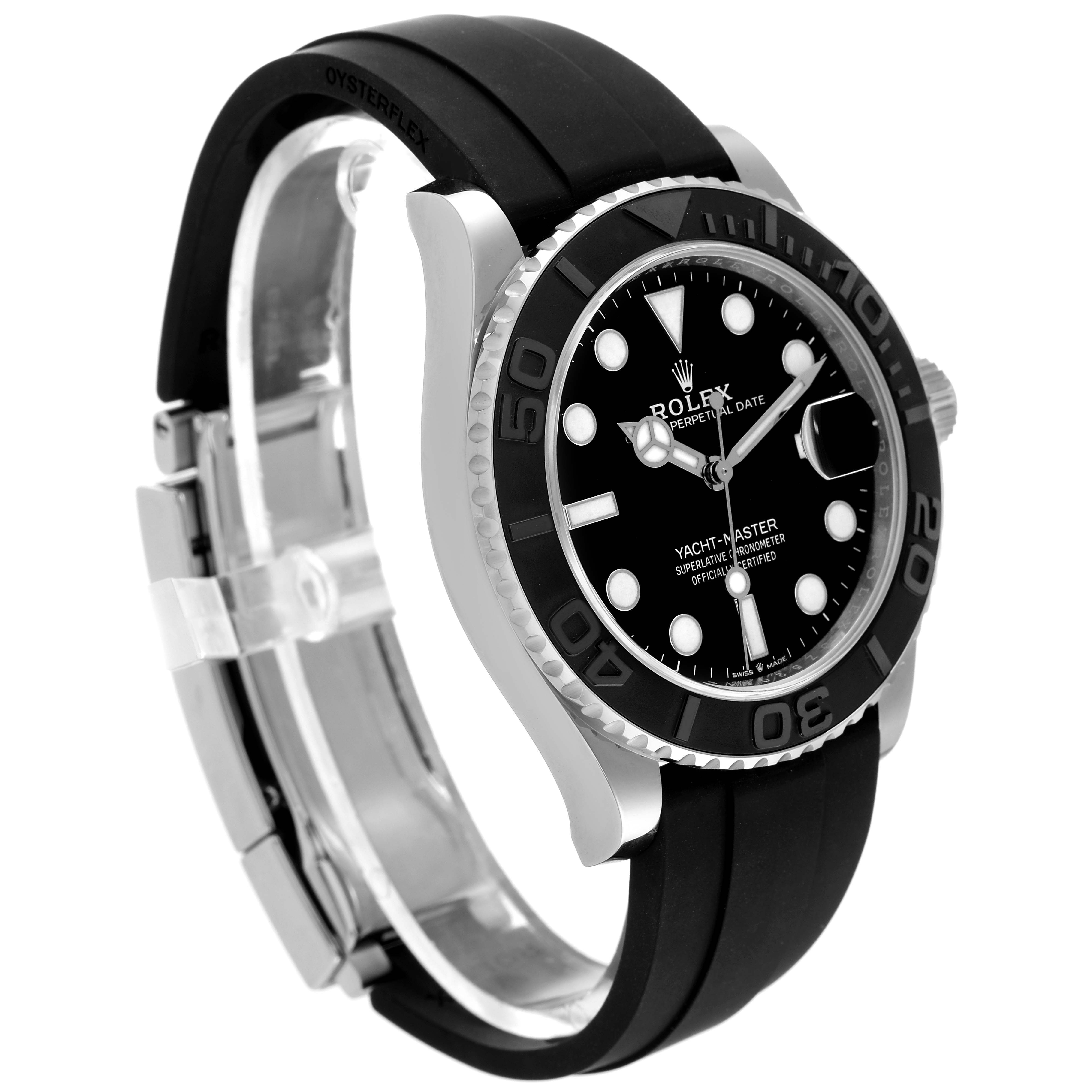 The image shows a side angle of the Rolex Yacht-Master 226659 Men's White Gold Black Dial 226659 Men's White Gold Black Dial watch, highlighting its black dial, bezel, and Oysterflex strap.