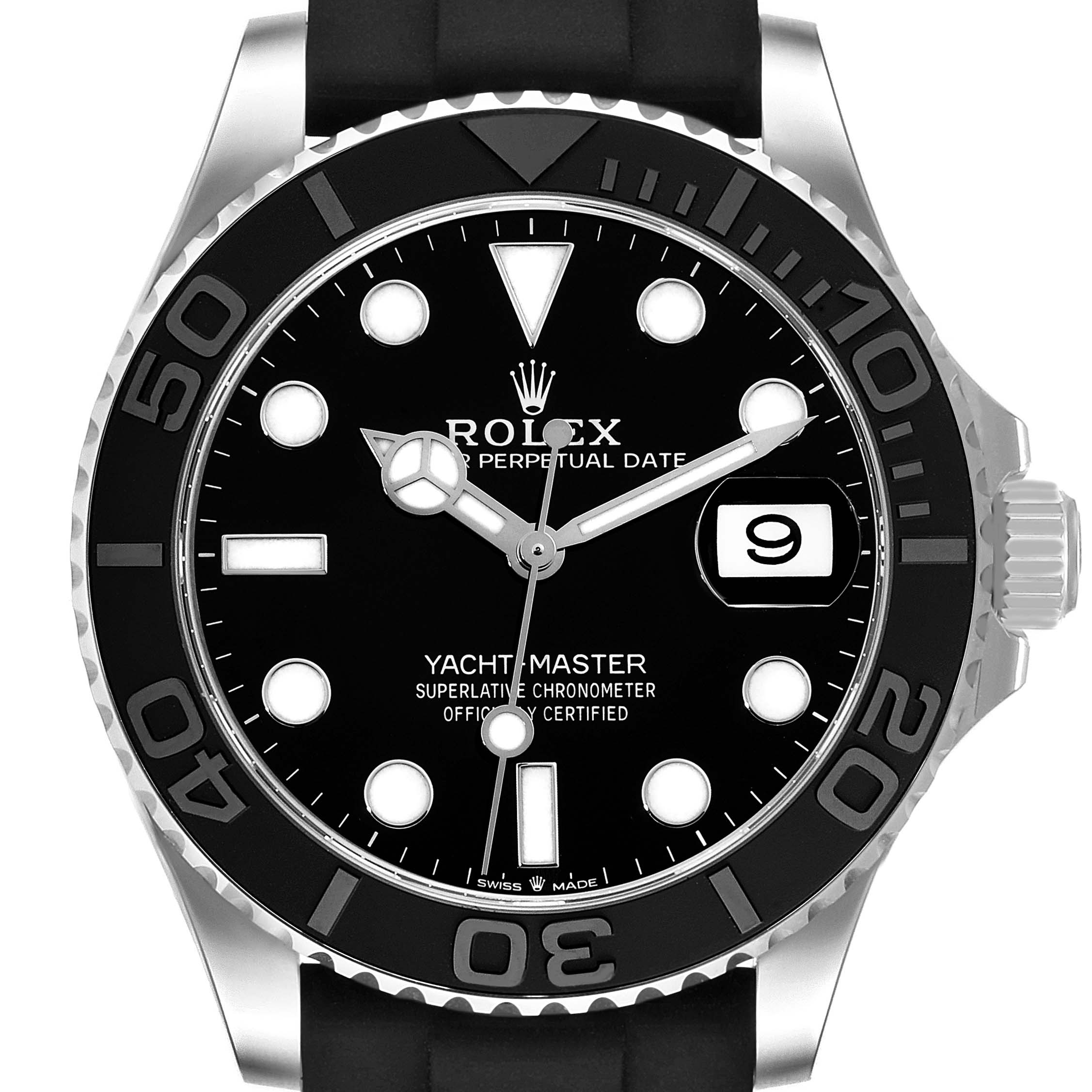 This image shows a front view of the Rolex Yacht-Master 226659 Men's White Gold Black Dial 226659 Men's White Gold Black Dial watch, highlighting the dial, bezel, and crown.