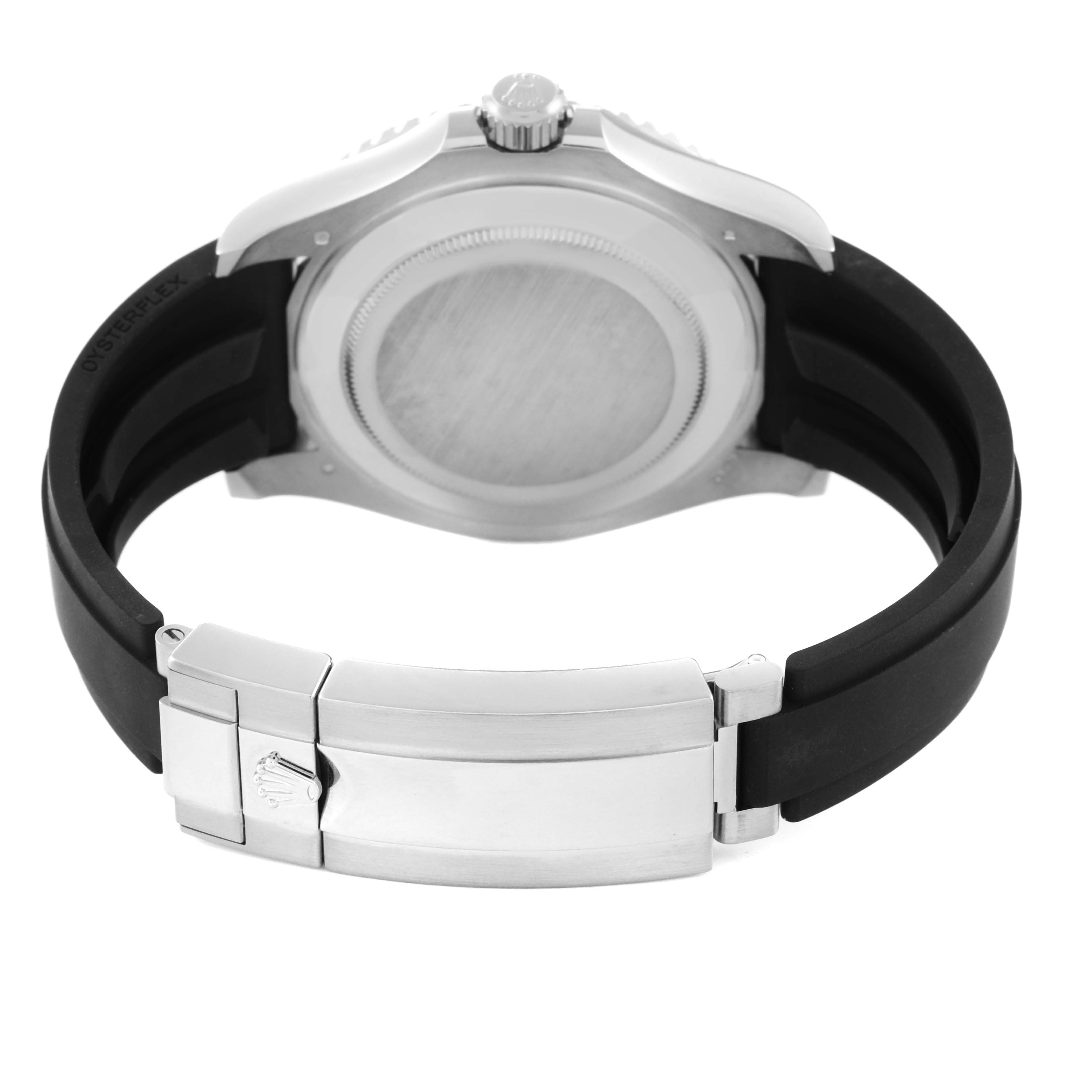 The image shows the back view of a Rolex Yacht-Master 226659 Men's White Gold Black Dial 226659 Men's White Gold Black Dial watch, featuring the case back and clasp with a black rubber strap.