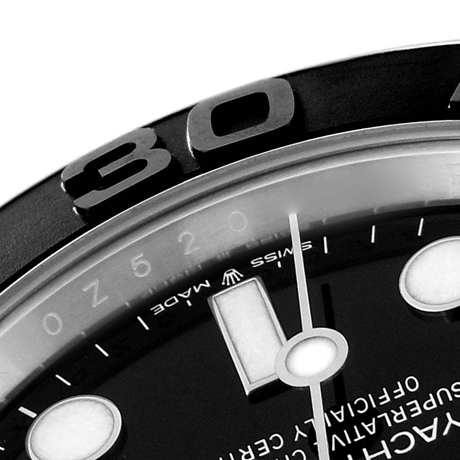 This close-up image shows the bezel and part of the dial of the Rolex Yacht-Master 226659 Men's White Gold Black Dial 226659 Men's White Gold Black Dial watch.