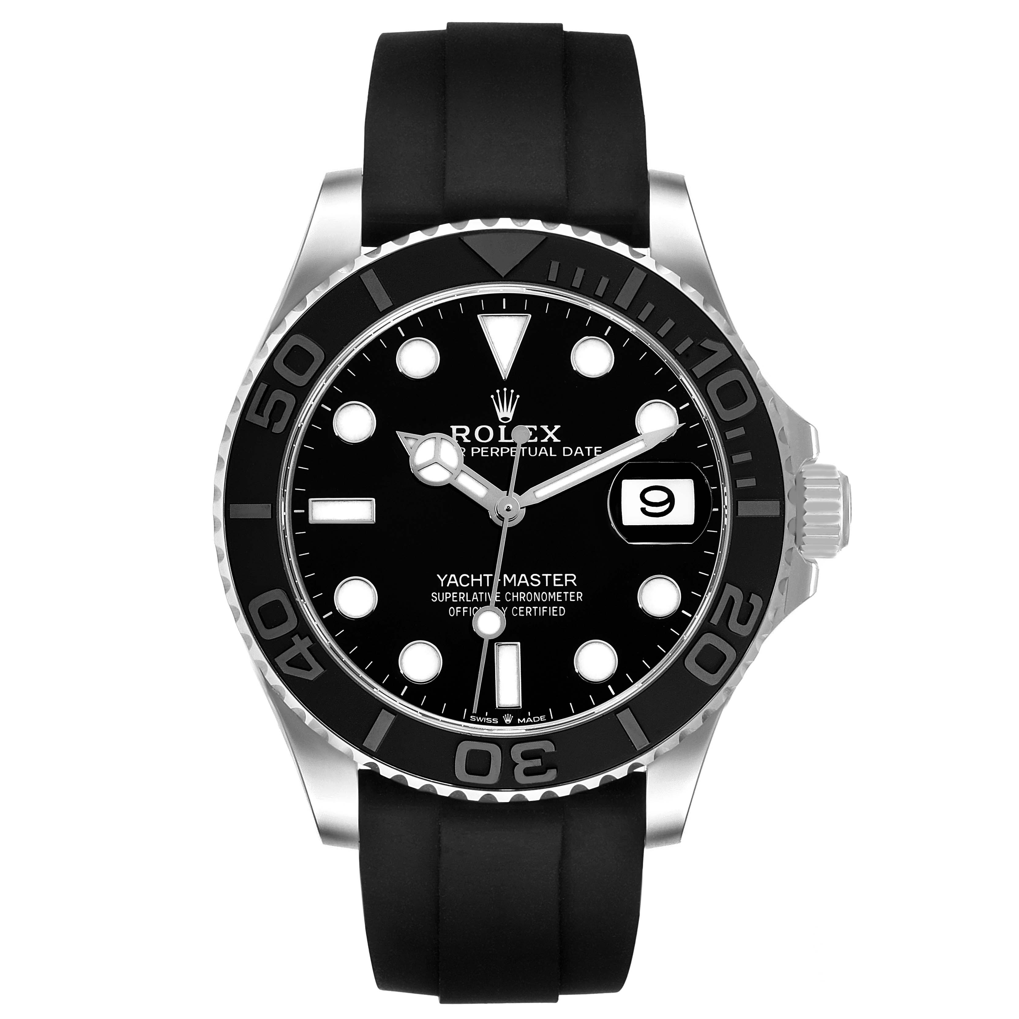 This image shows the front angle of a Rolex Yacht-Master 226659 Men's White Gold Black Dial 226659 Men's White Gold Black Dial watch, displaying its dial, bezel, and strap.