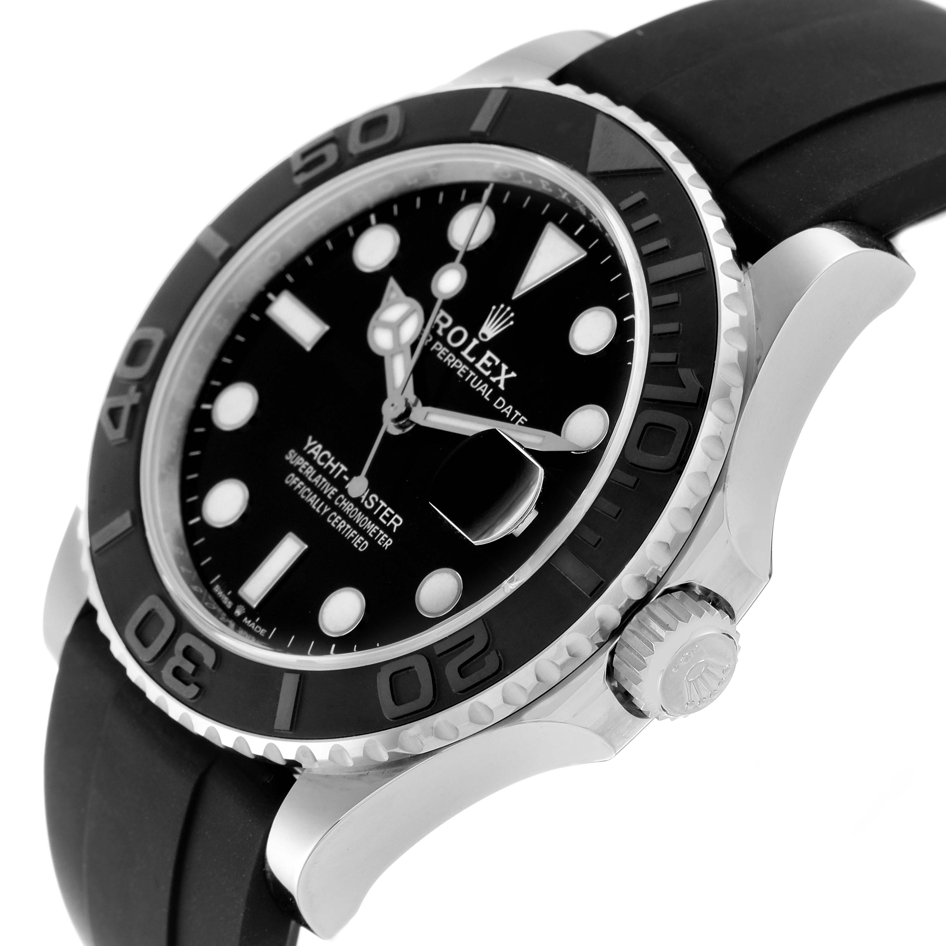 The image shows a side and slightly tilted view of a Rolex Yacht-Master 226659 Men's White Gold Black Dial 226659 Men's White Gold Black Dial watch, displaying the bezel, dial, case, and part of the strap.