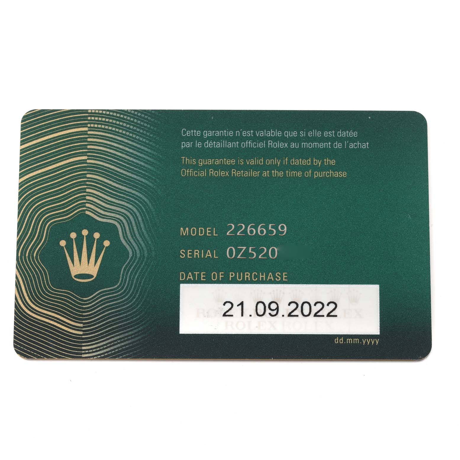 The image shows the guarantee card for the Rolex Yacht-Master 226659 Men's White Gold Black Dial 226659 Men's White Gold Black Dial model 226659, displaying serial number and date of purchase.