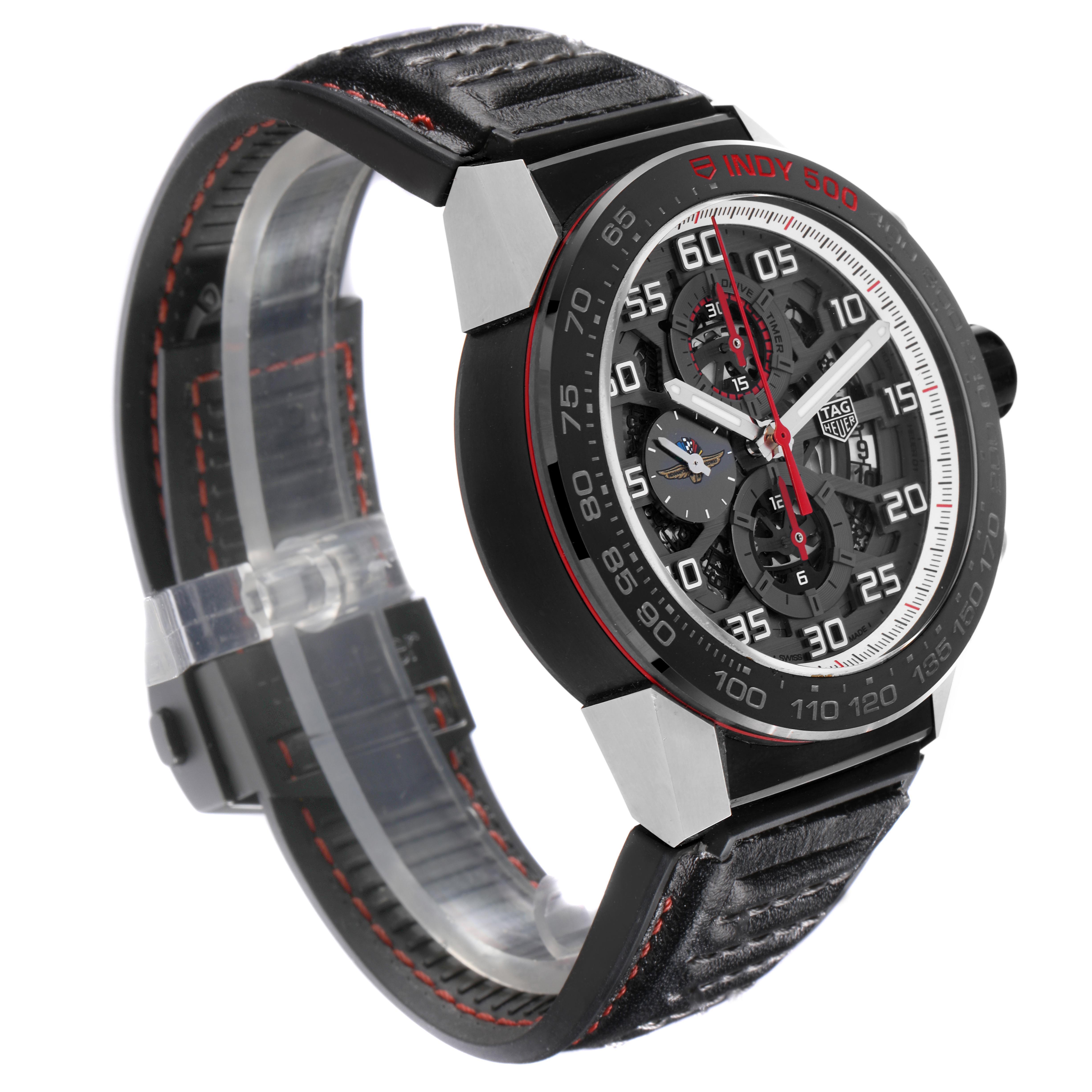 The Tag Heuer Carrera CAR2A1D.FT6101 Men
s Titanium Grey Dial CAR2A1D.FT6101 Men
s Titanium Grey Dial watch is shown at an angled side view, highlighting the dial, bezel, and leather strap.