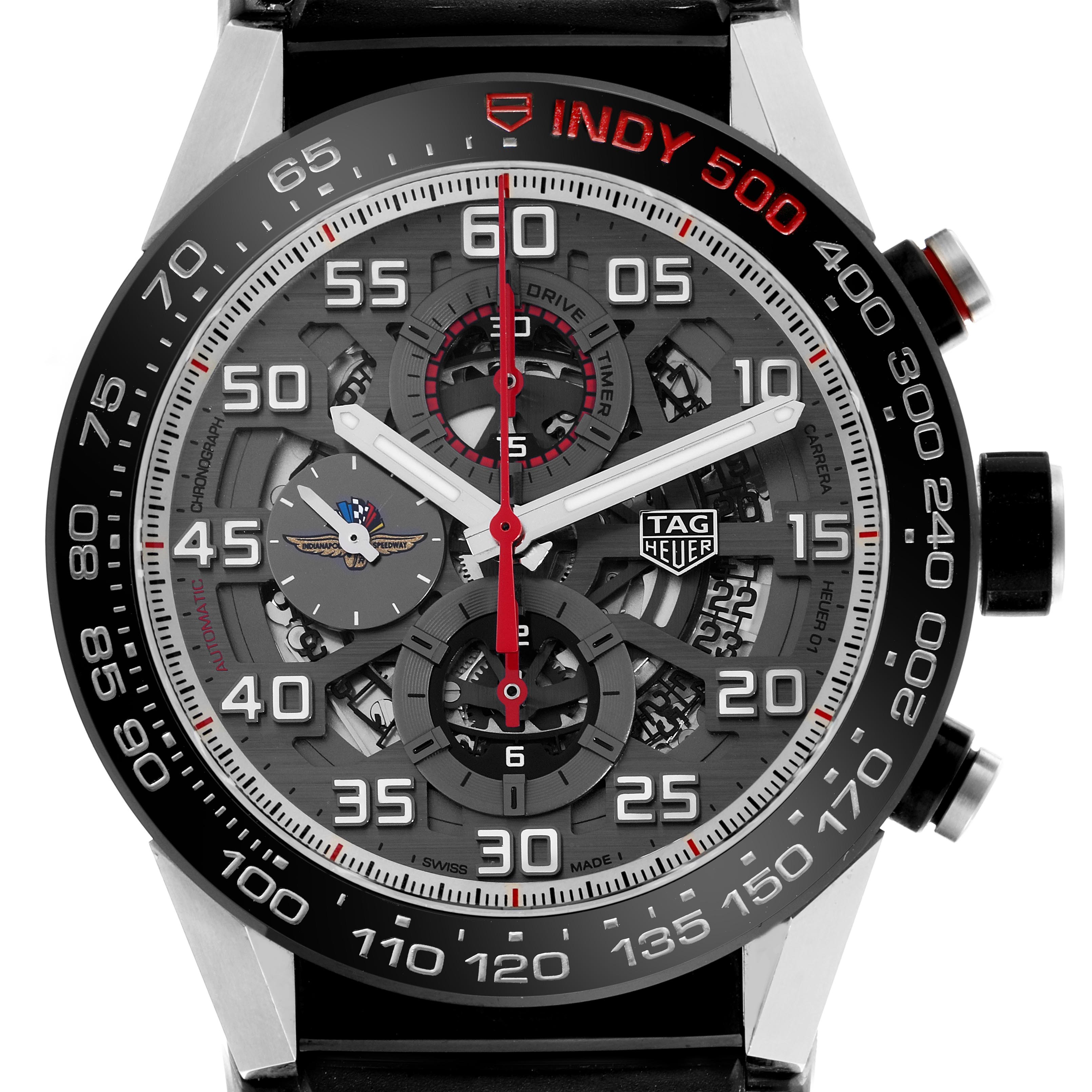 The Tag Heuer Carrera CAR2A1D.FT6101 Men
s Titanium Grey Dial CAR2A1D.FT6101 Men
s Titanium Grey Dial watch is shown from a top-down angle, highlighting the intricate face and bezel details.