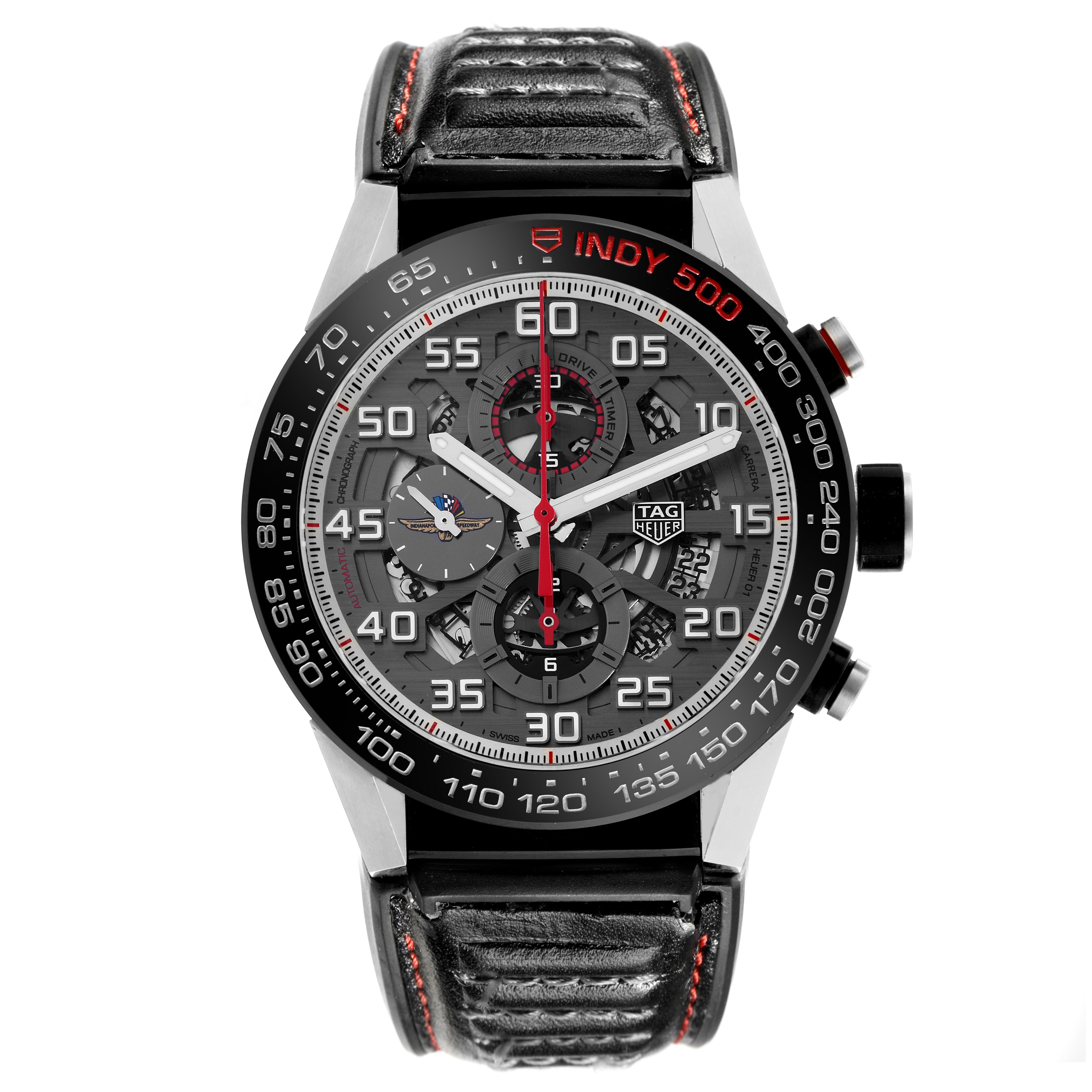 The Tag Heuer Carrera CAR2A1D.FT6101 Men
s Titanium Grey Dial CAR2A1D.FT6101 Men
s Titanium Grey Dial watch is shown from the front, displaying its face, bezel, chronograph dials, and leather strap.