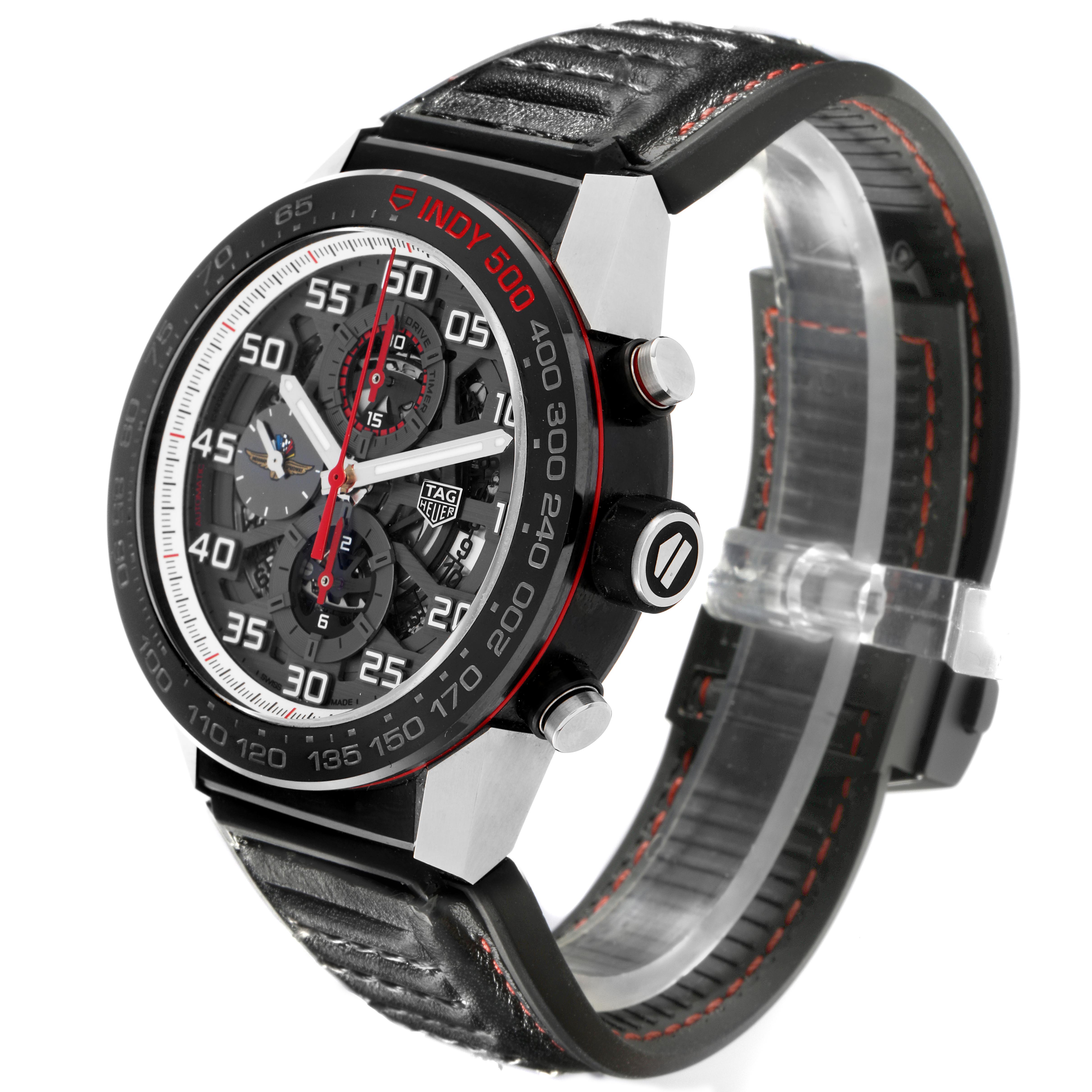 The Tag Heuer Carrera CAR2A1D.FT6101 Men
s Titanium Grey Dial CAR2A1D.FT6101 Men
s Titanium Grey Dial watch is shown at a three-quarter angle, displaying the face, bezel, buttons, and strap.