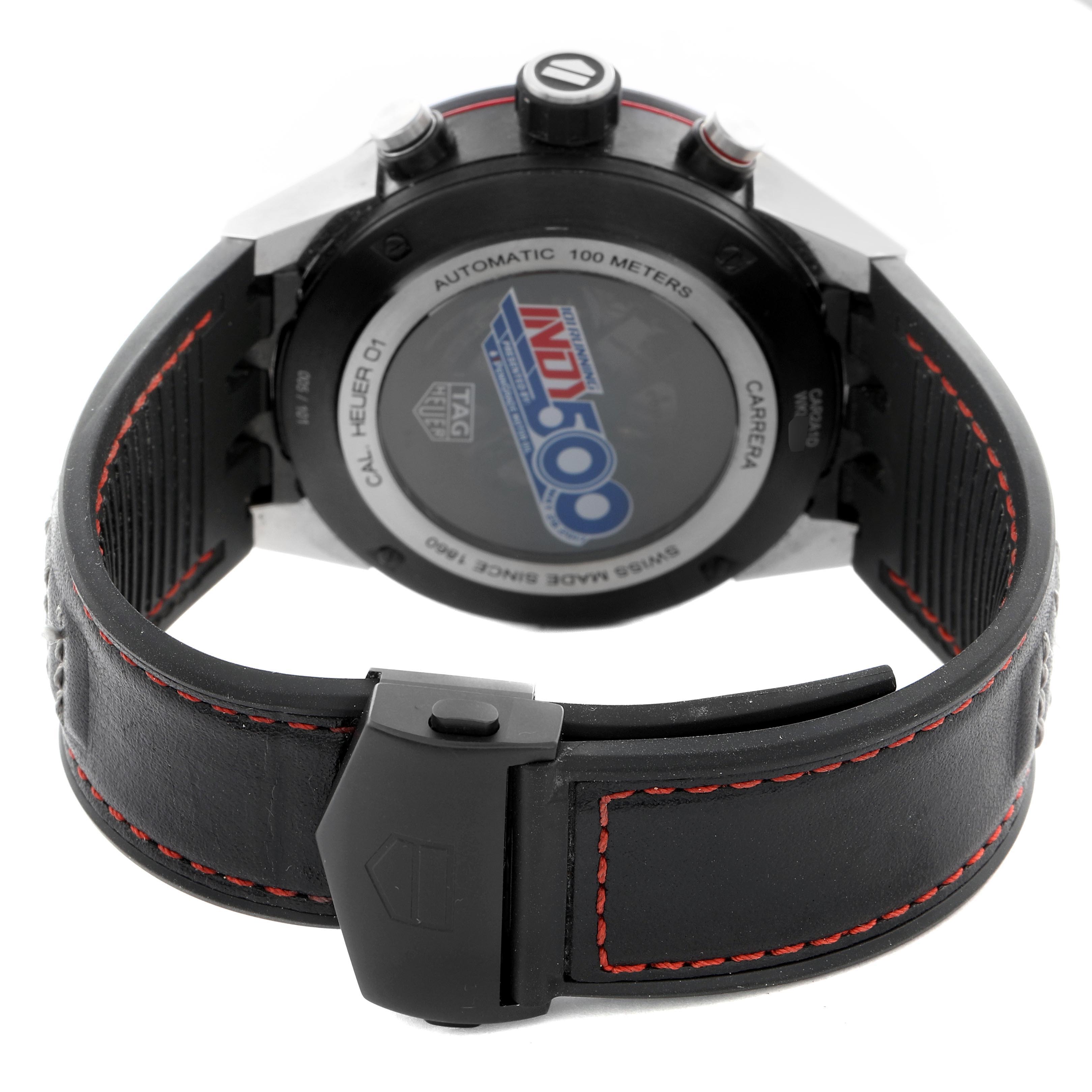 The image shows the back of the Tag Heuer Carrera CAR2A1D.FT6101 Men
s Titanium Grey Dial CAR2A1D.FT6101 Men
s Titanium Grey Dial watch, focusing on the case back, pushers, and leather strap with red stitching.