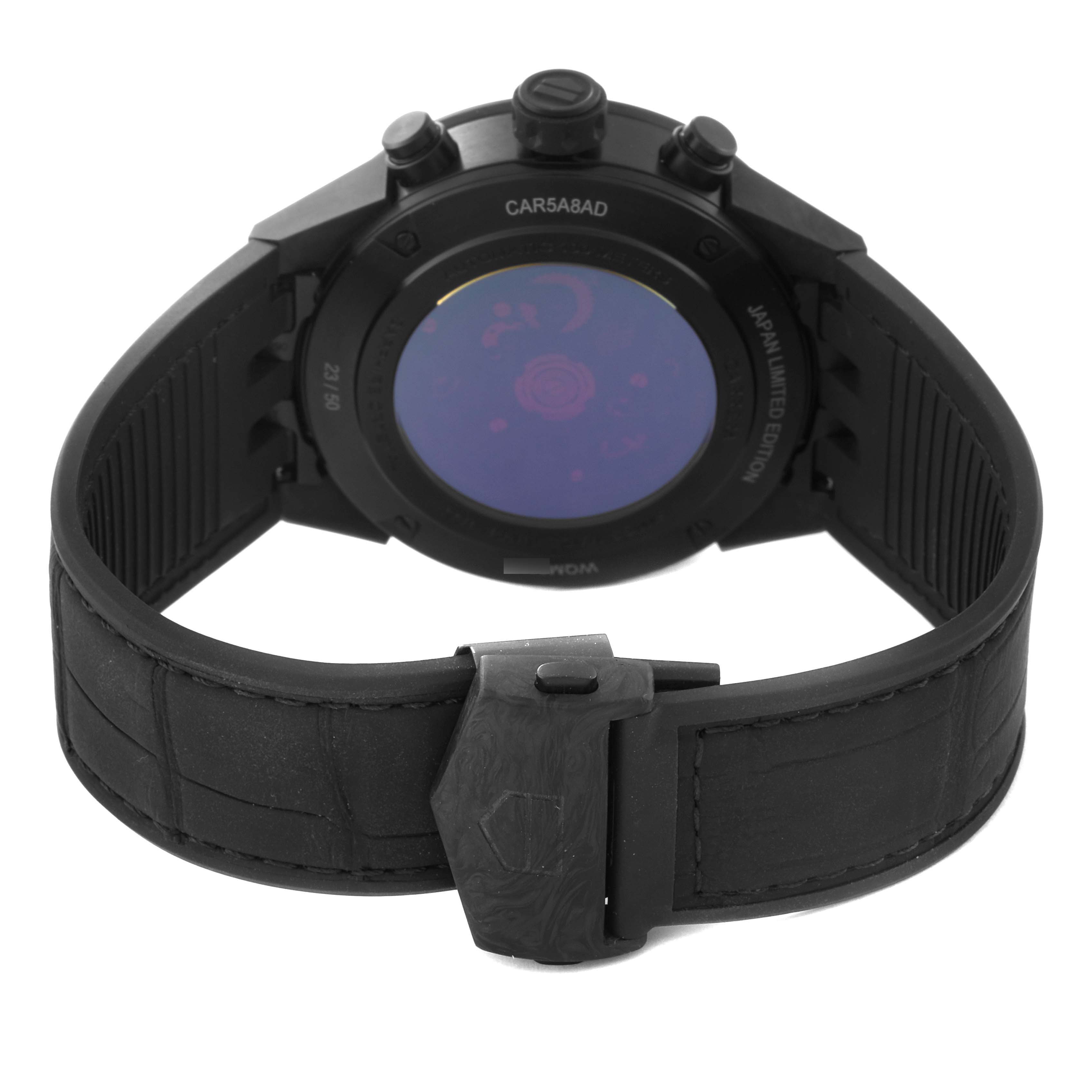 The image shows the back view of the Tag Heuer Limited Edition CAR5A8AD.FC6415 Men's Titanium Black Dial CAR5A8AD.FC6415 Men's Titanium Black Dial model, highlighting the strap and clasp.