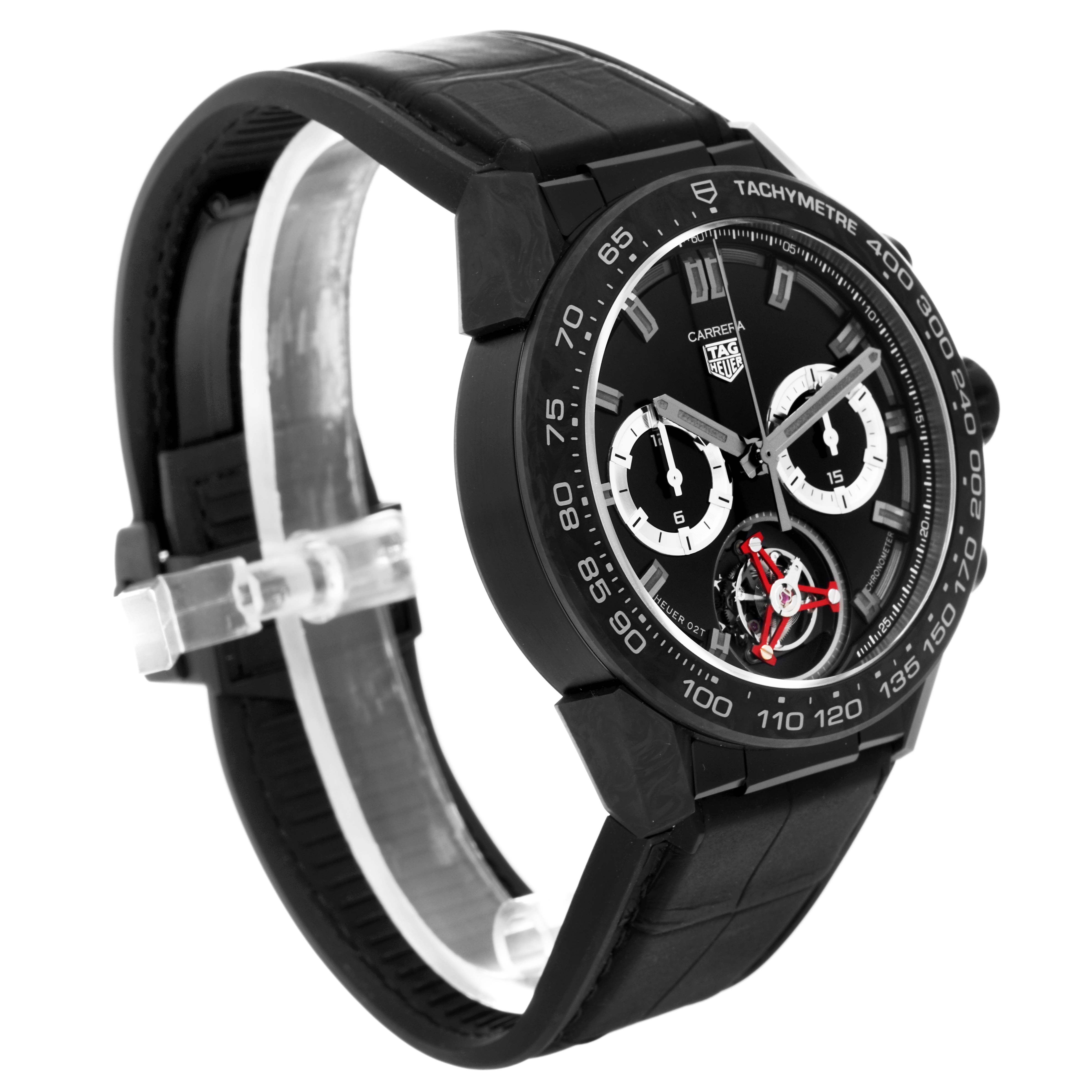 The Tag Heuer Limited Edition CAR5A8AD.FC6415 Men's Titanium Black Dial CAR5A8AD.FC6415 Men's Titanium Black Dial watch is shown at an angle highlighting the strap, tachymeter bezel, and chronograph subdials.
