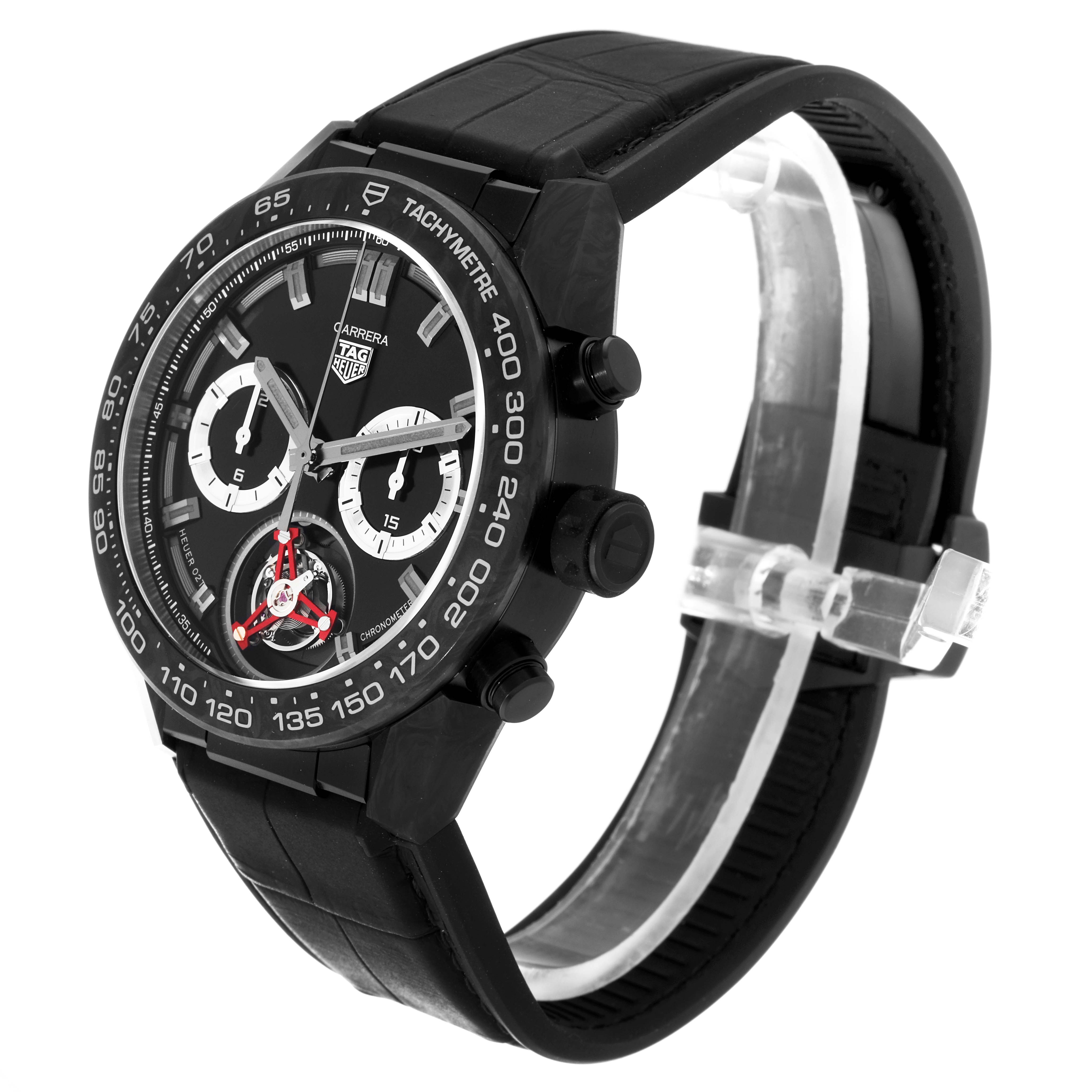 The image shows a side angle view of the Tag Heuer Carrera Limited Edition watch, highlighting the dial, case, and strap.