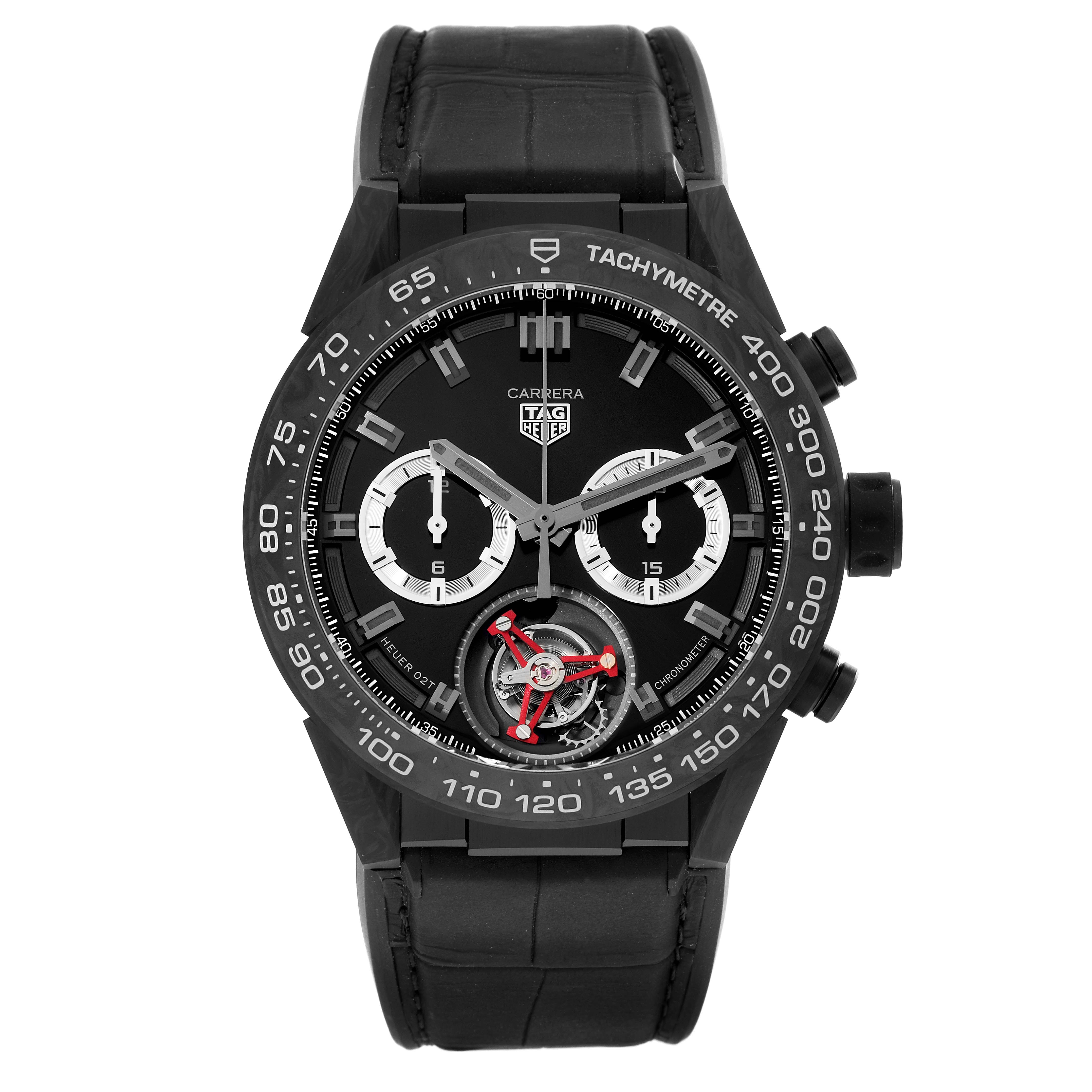 The Tag Heuer Carrera Limited Edition watch is shown from a front angle, showcasing its dial, bezel, and leather strap.