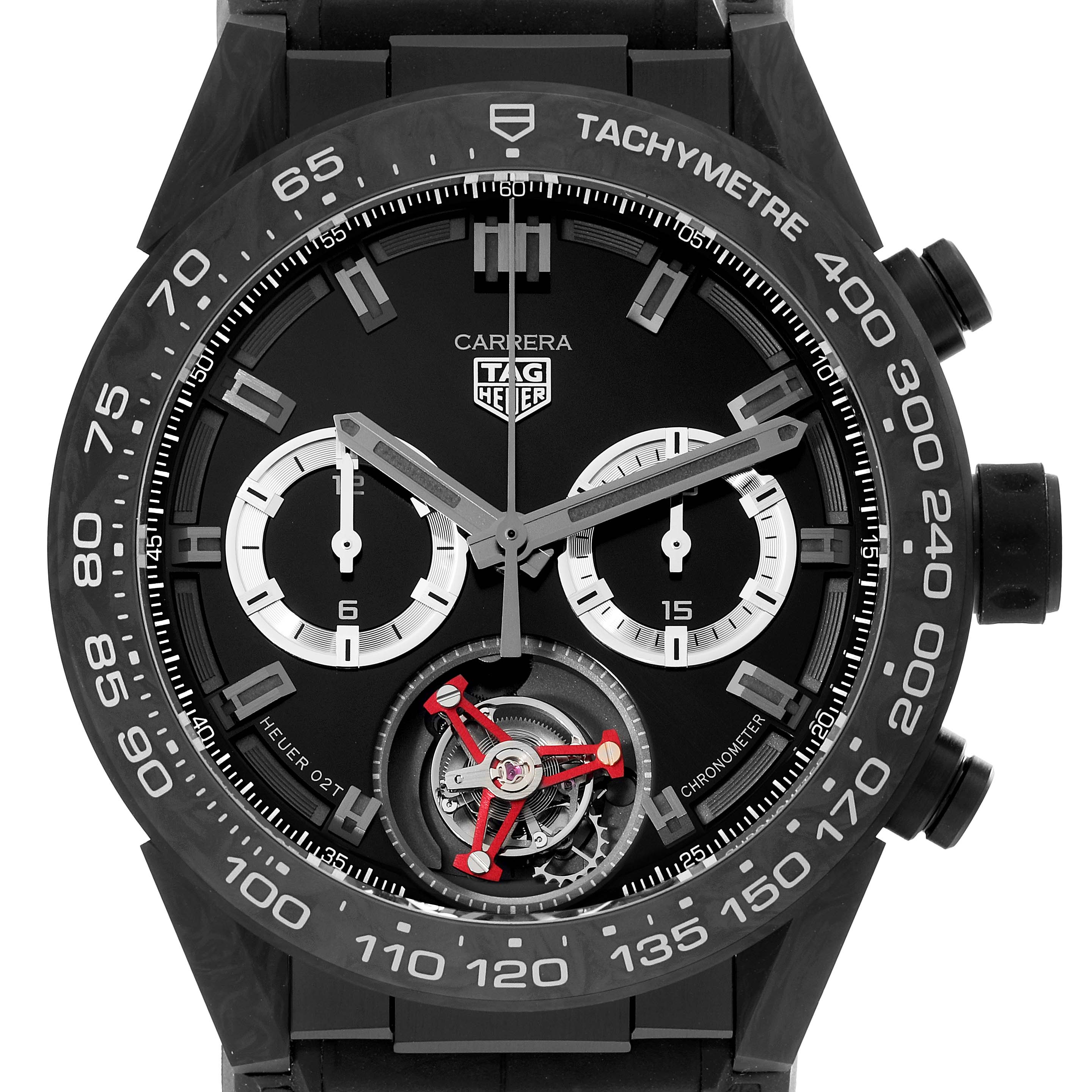 This is a close-up of the TAG Heuer Carrera Limited Edition watch face, showing the dials, tachymeter, and chronograph details.