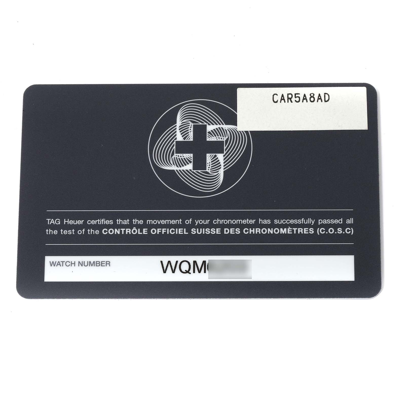 The image shows a certification card for a Limited Edition Tag Heuer model, indicating COSC chronometer certification.