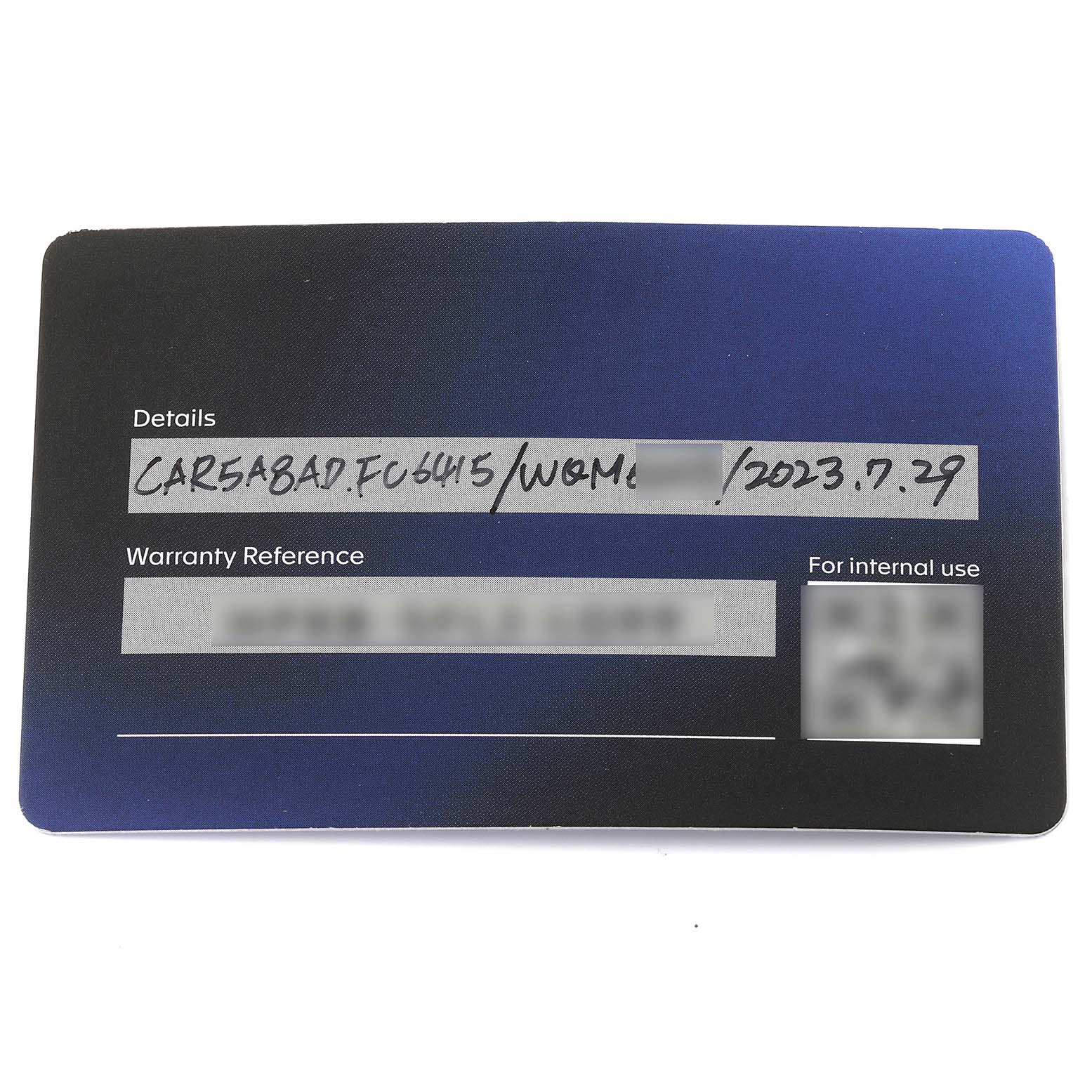 This image shows the warranty card for the Tag Heuer Limited Edition CAR5A8AD.FC6415 Men's Titanium Black Dial CAR5A8AD.FC6415 Men's Titanium Black Dial watch model CAR5A8AD.FC6415.