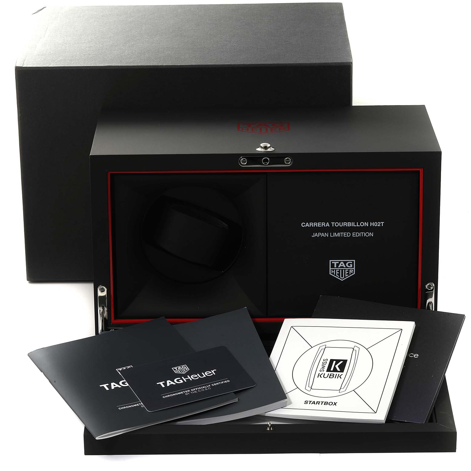 The image shows the open box of a Tag Heuer Carrera Tourbillon H02T Japan Limited Edition watch, along with its accessories and documents.