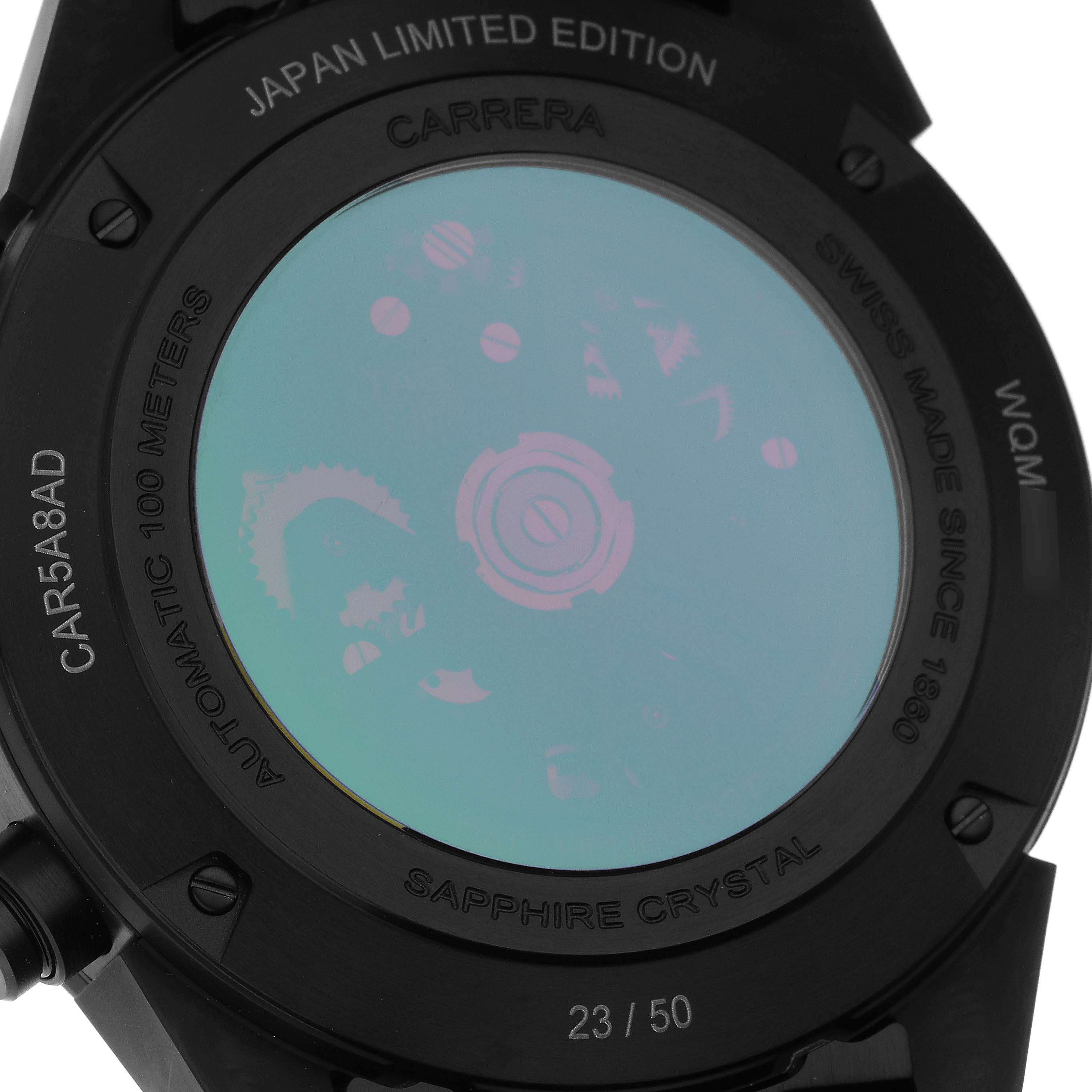 The image shows the back of the Tag Heuer Carrera Japan Limited Edition watch, highlighting the sapphire crystal and serial number.