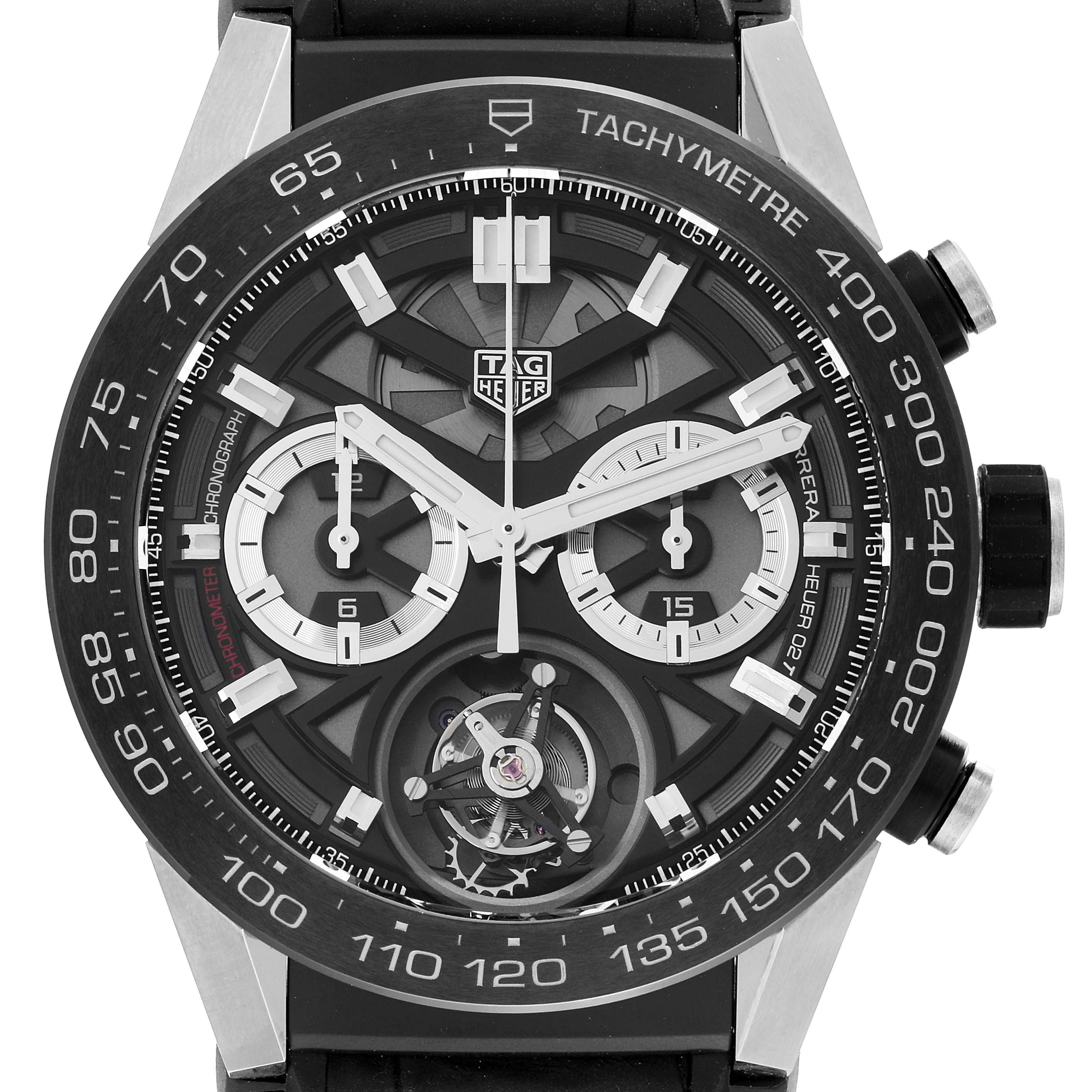 The image shows a close-up, front view of the Tag Heuer Carrera CAR5A8Y.FC6377 Men's Titanium Black Dial CAR5A8Y.FC6377 Men's Titanium Black Dial model watch, highlighting the dial and chronograph features.
