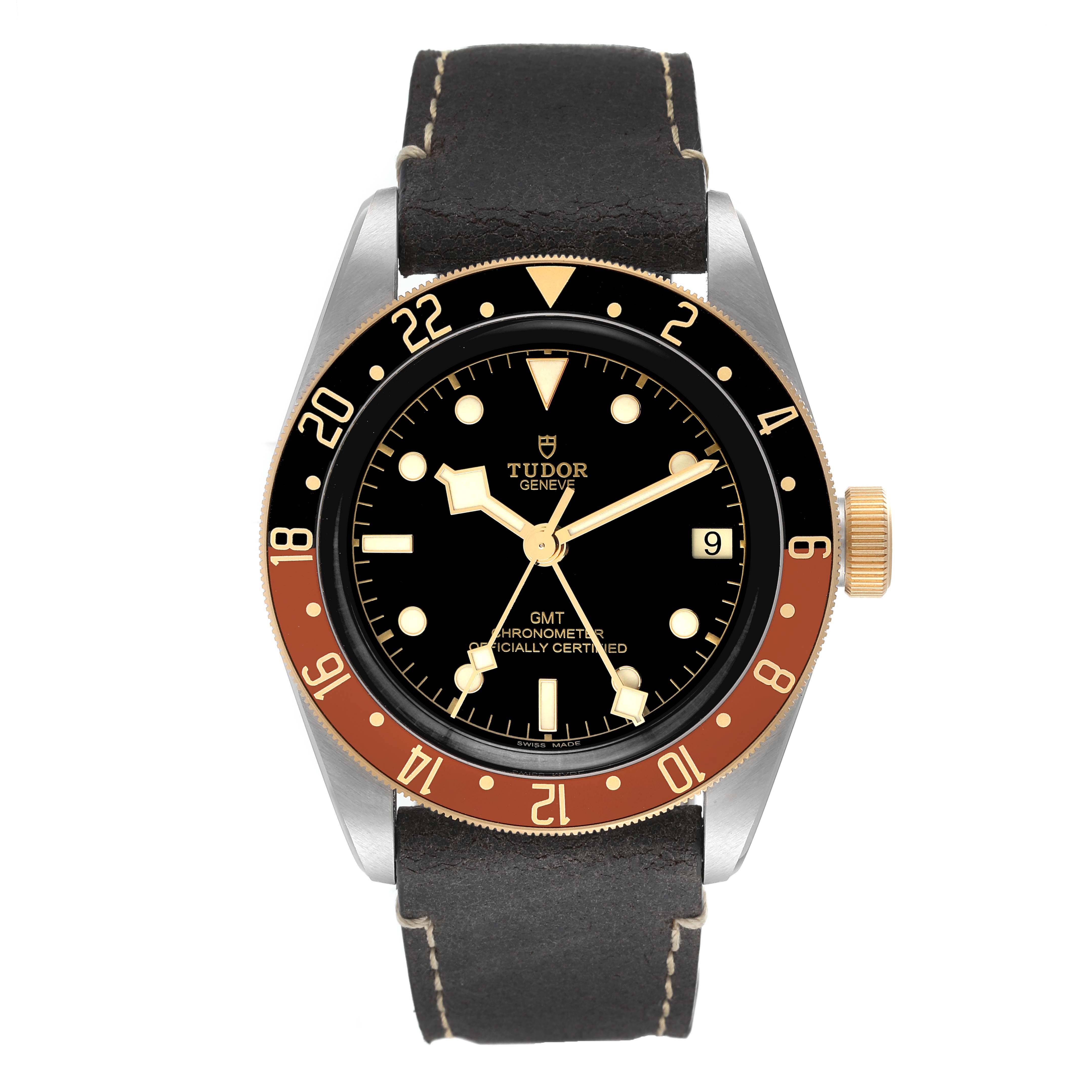 The image shows a front view of the Tudor Heritage Black Bay 79833MN Men's Stainless Steel Black Dial 79833MN Men's Stainless Steel Black Dial watch with a black dial, leather strap, and bi-color bezel.