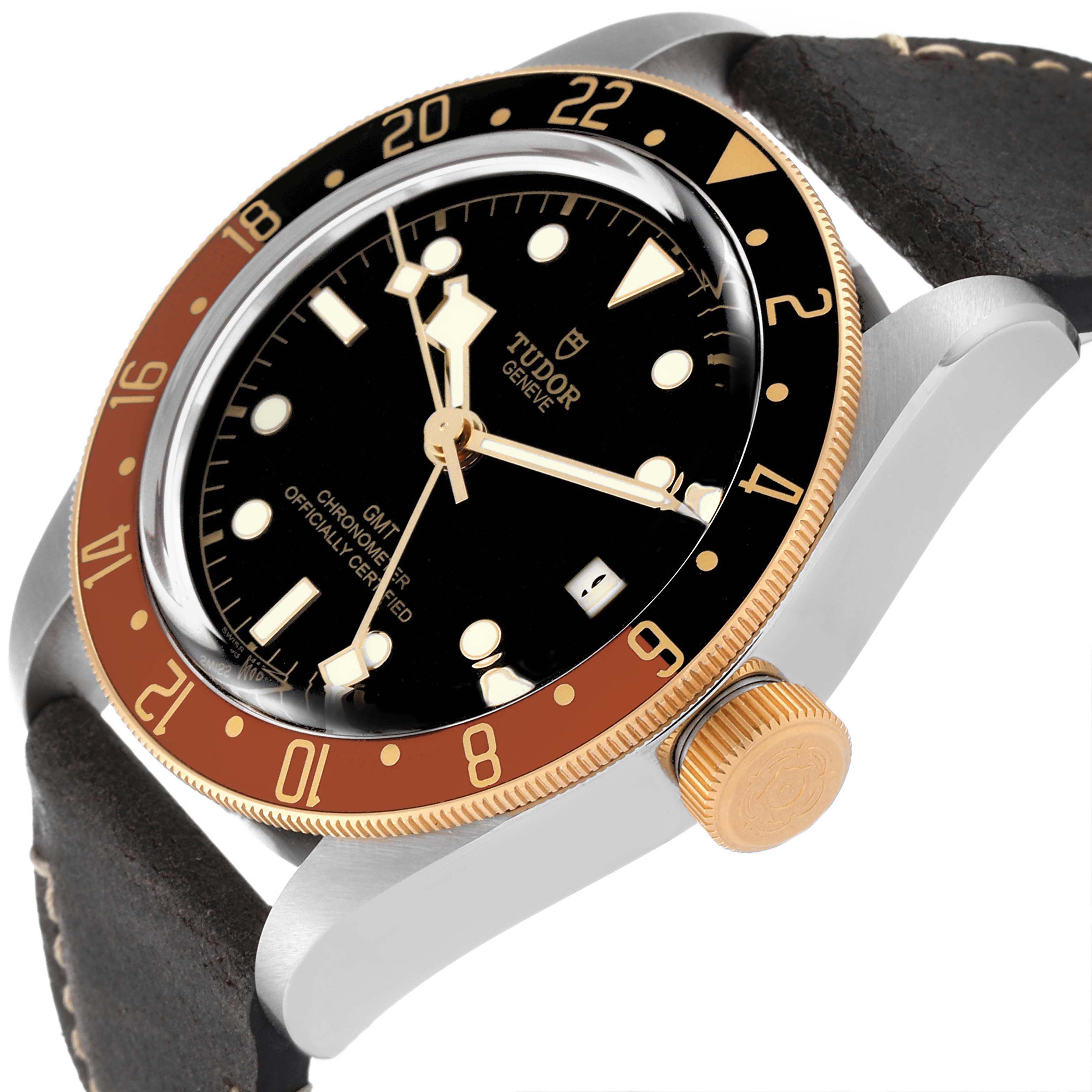 The image showcases an angled side view of the Tudor Heritage Black Bay 79833MN Men's Stainless Steel Black Dial 79833MN Men's Stainless Steel Black Dial watch, highlighting the dial, bezel, and crown.