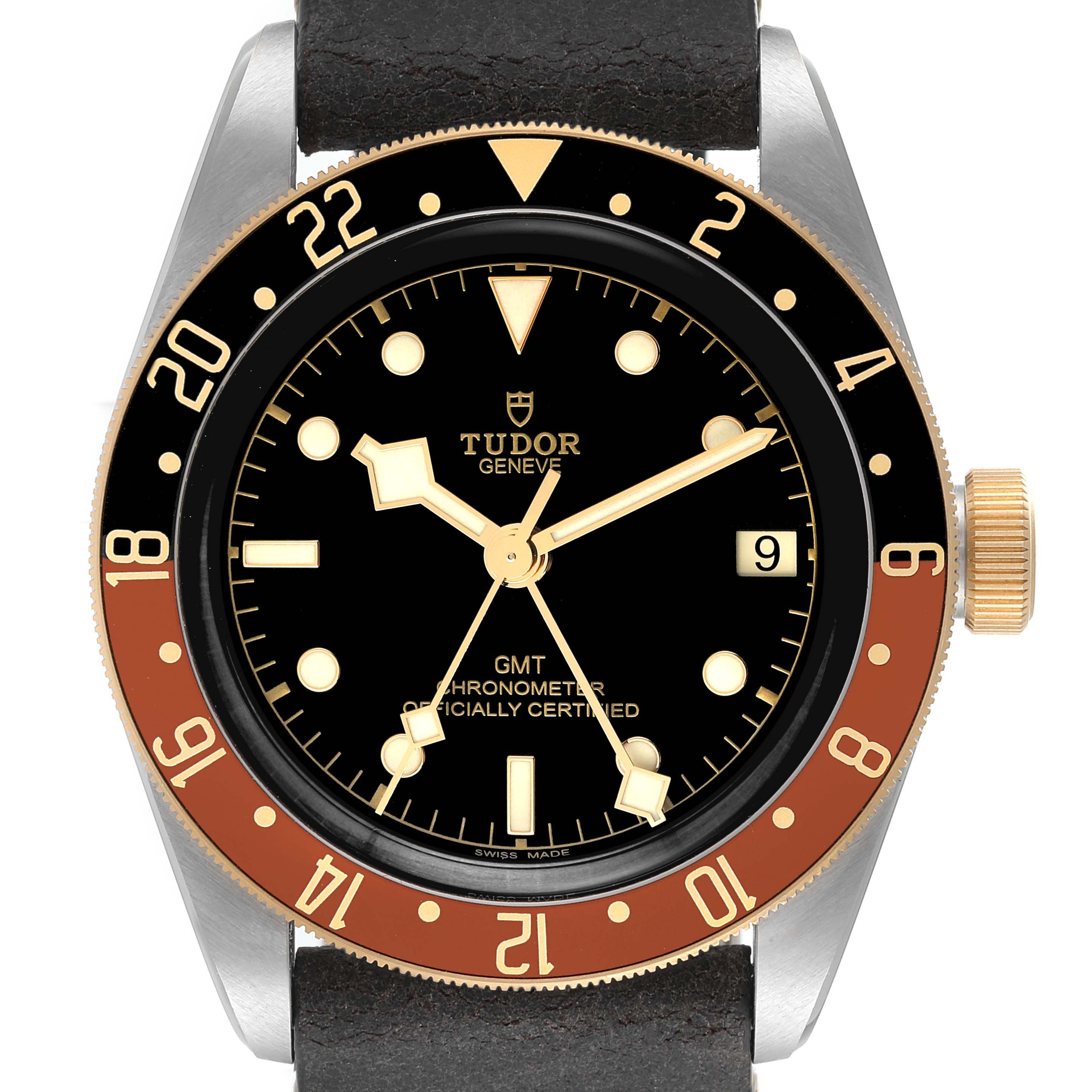 The image shows a front view of the Tudor Heritage Black Bay 79833MN Men's Stainless Steel Black Dial 79833MN Men's Stainless Steel Black Dial GMT watch, highlighting the dial, bezel, and crown.