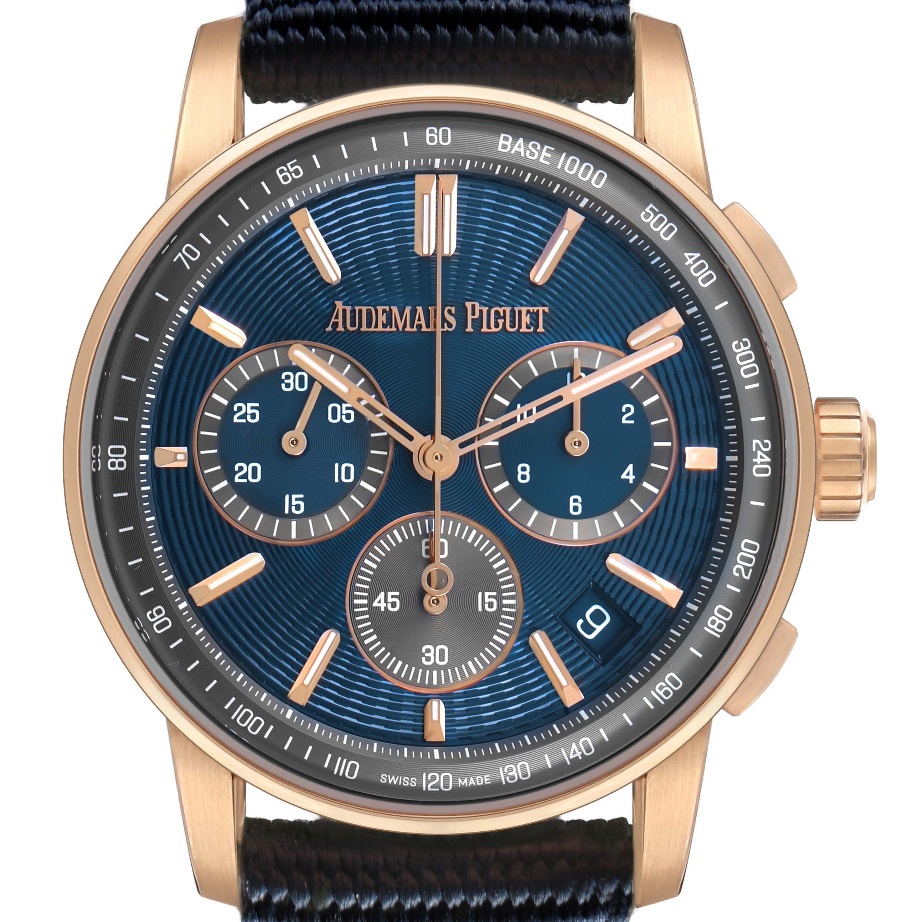 The Audemars Piguet Code 11.59 26393OR Men's Rose Gold Blue Dial watch is shown from the front, highlighting the dial, subdials, hands, and crown.