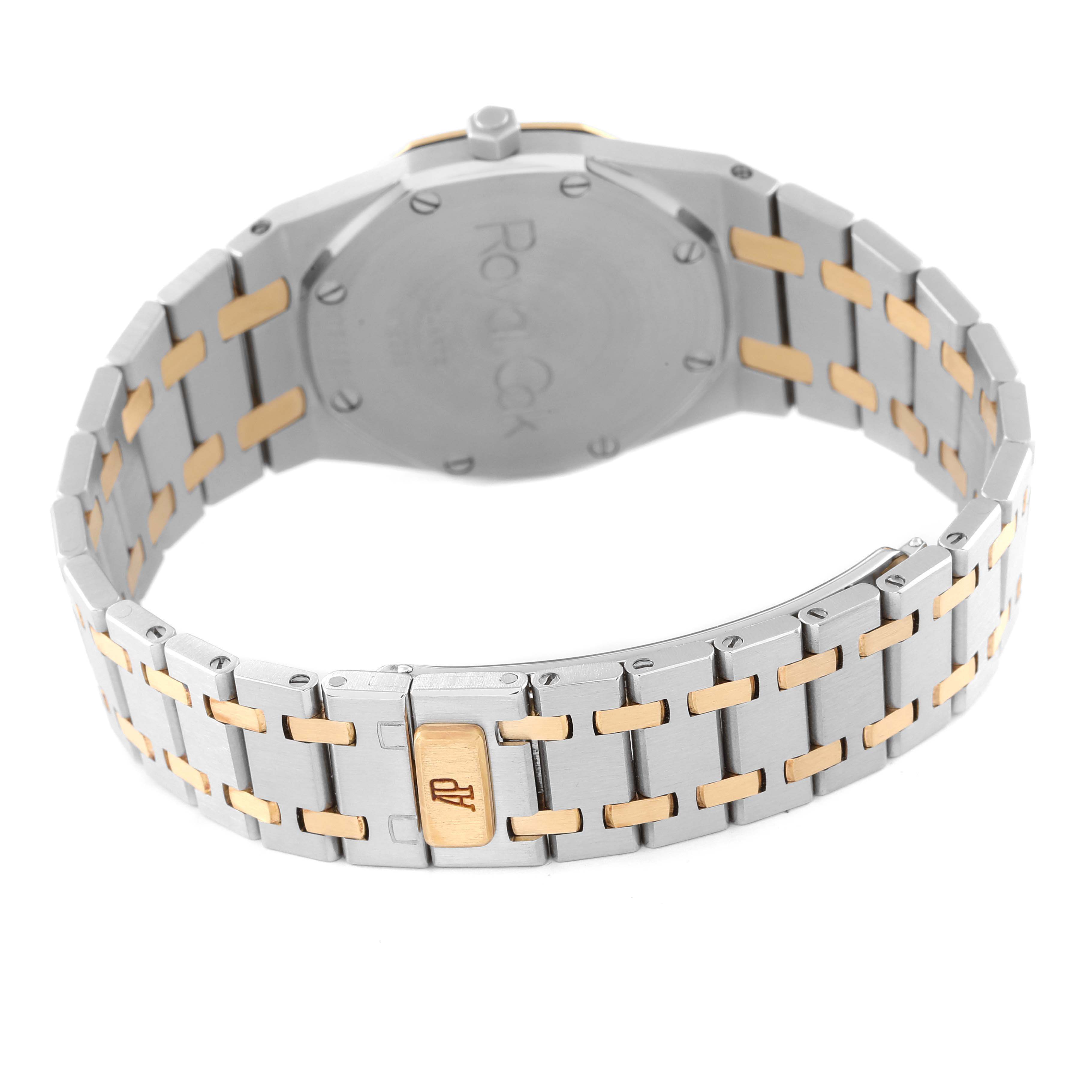 This image shows the back and bracelet of an Audemars Piguet Royal Oak 56303SA Men's Steel and Gold (two tone) Champagne Dial 56303SA Men's Steel and Gold (two tone) Champagne Dial watch from a rear angle.