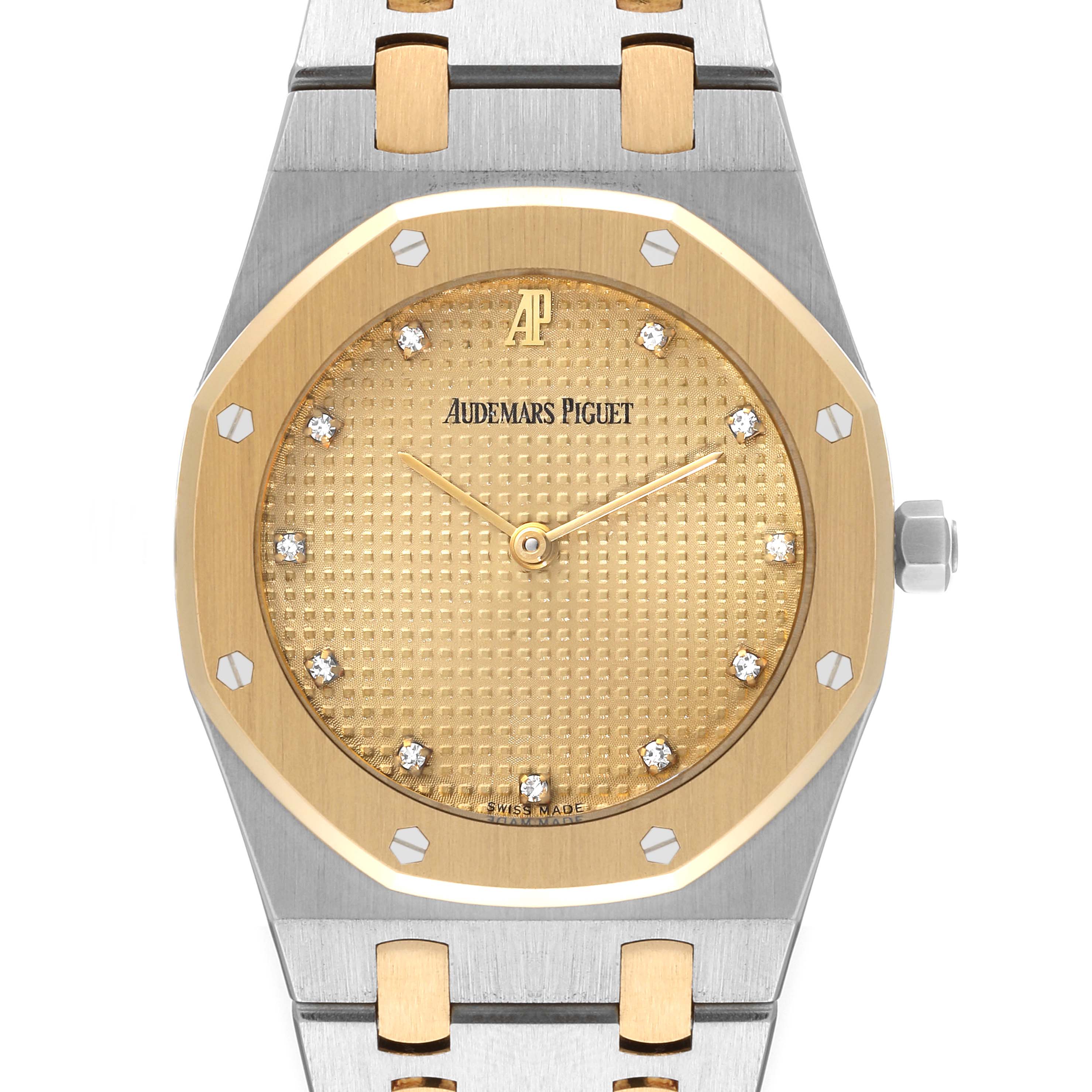 The image shows a frontal view of an Audemars Piguet Royal Oak 56303SA Men's Steel and Gold (two tone) Champagne Dial 56303SA Men's Steel and Gold (two tone) Champagne Dial watch, focusing on its gold-toned dial, bezel, and part of the bracelet.