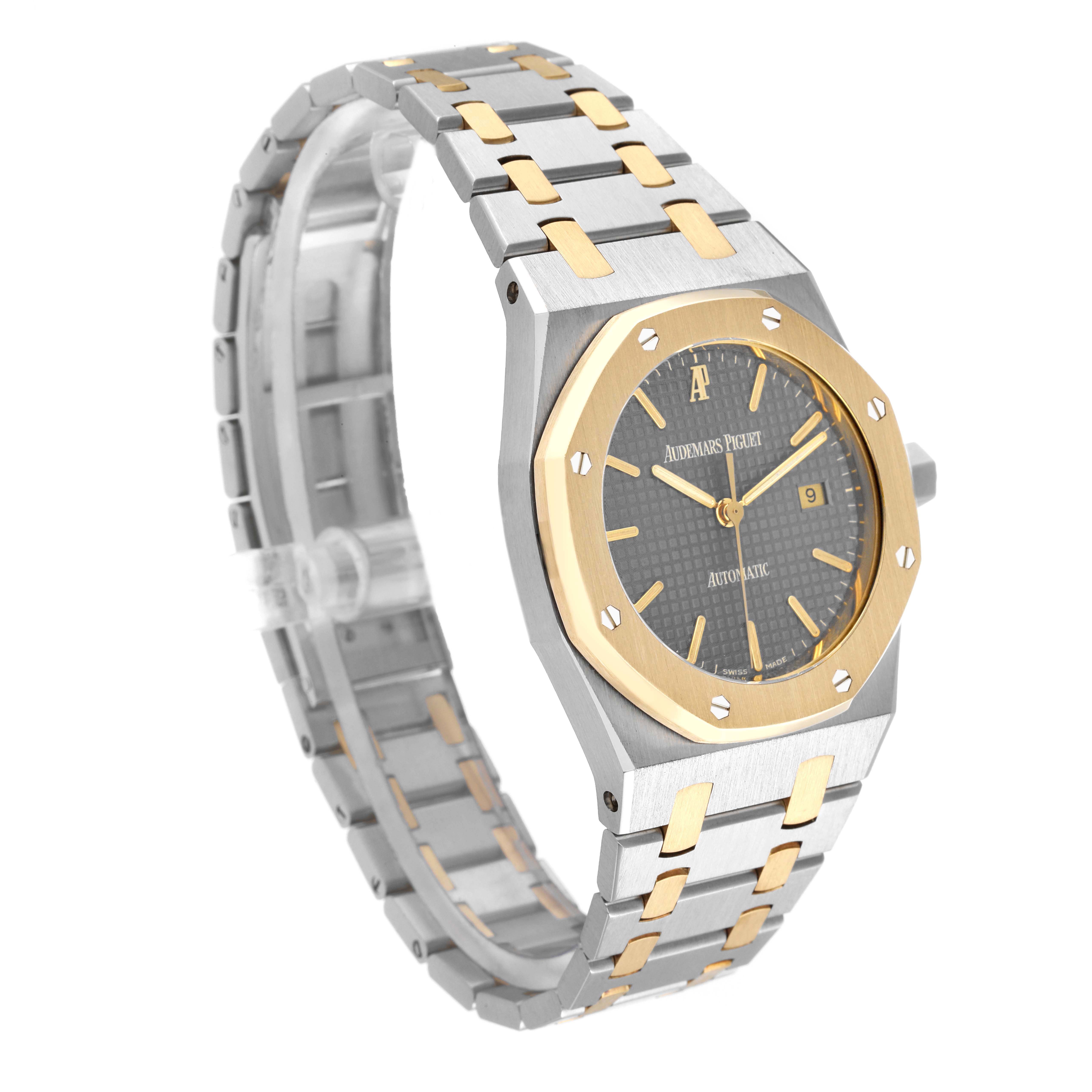 The image shows an Audemars Piguet Royal Oak 15000SA Men's Steel and Gold (two tone) Grey Dial 15000SA Men's Steel and Gold (two tone) Grey Dial watch at a three-quarter angle, highlighting the dial, bezel, and metal bracelet.