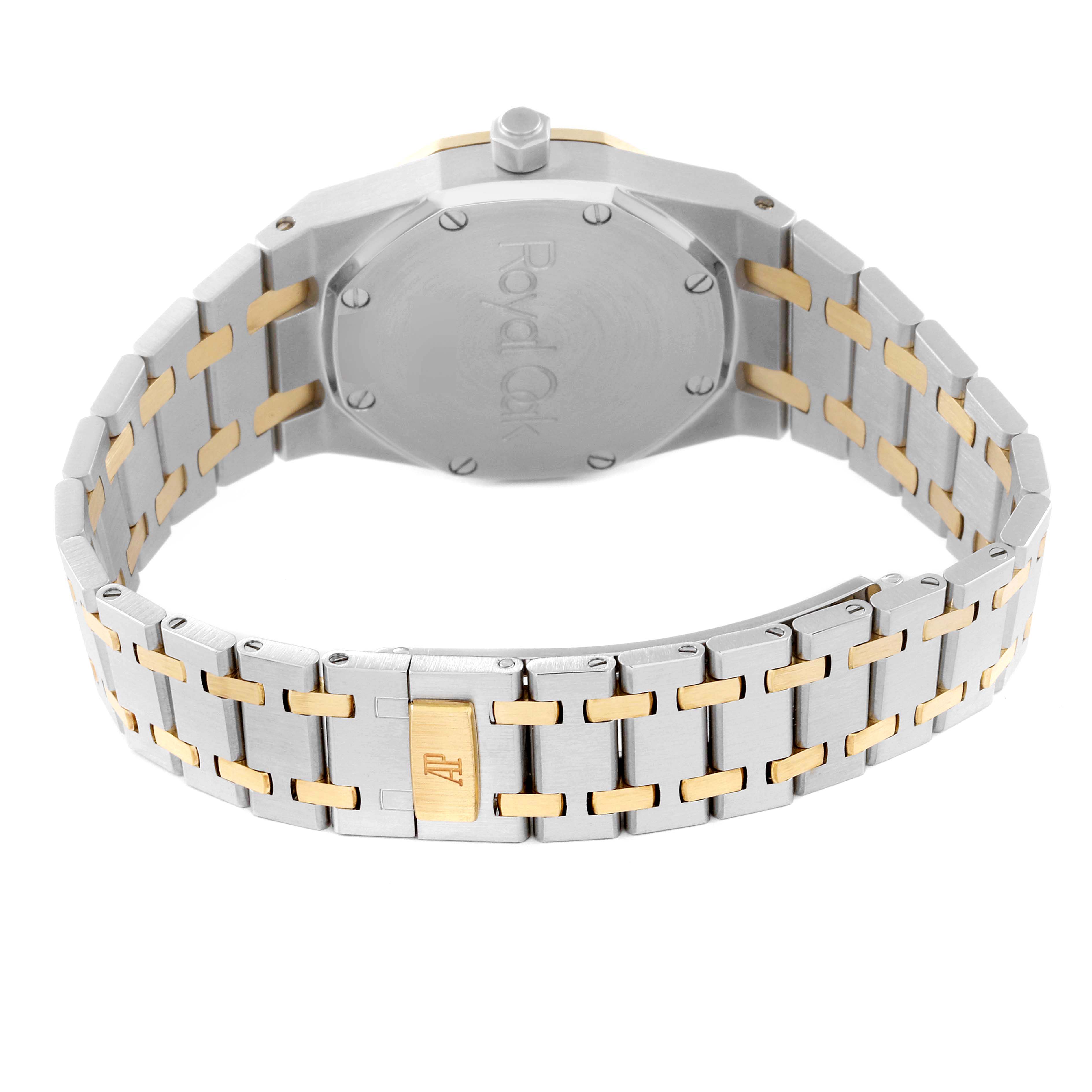 The image shows the back view of an Audemars Piguet Royal Oak 15000SA Men's Steel and Gold (two tone) Grey Dial 15000SA Men's Steel and Gold (two tone) Grey Dial watch, highlighting its two-tone metal bracelet and engraved case back.