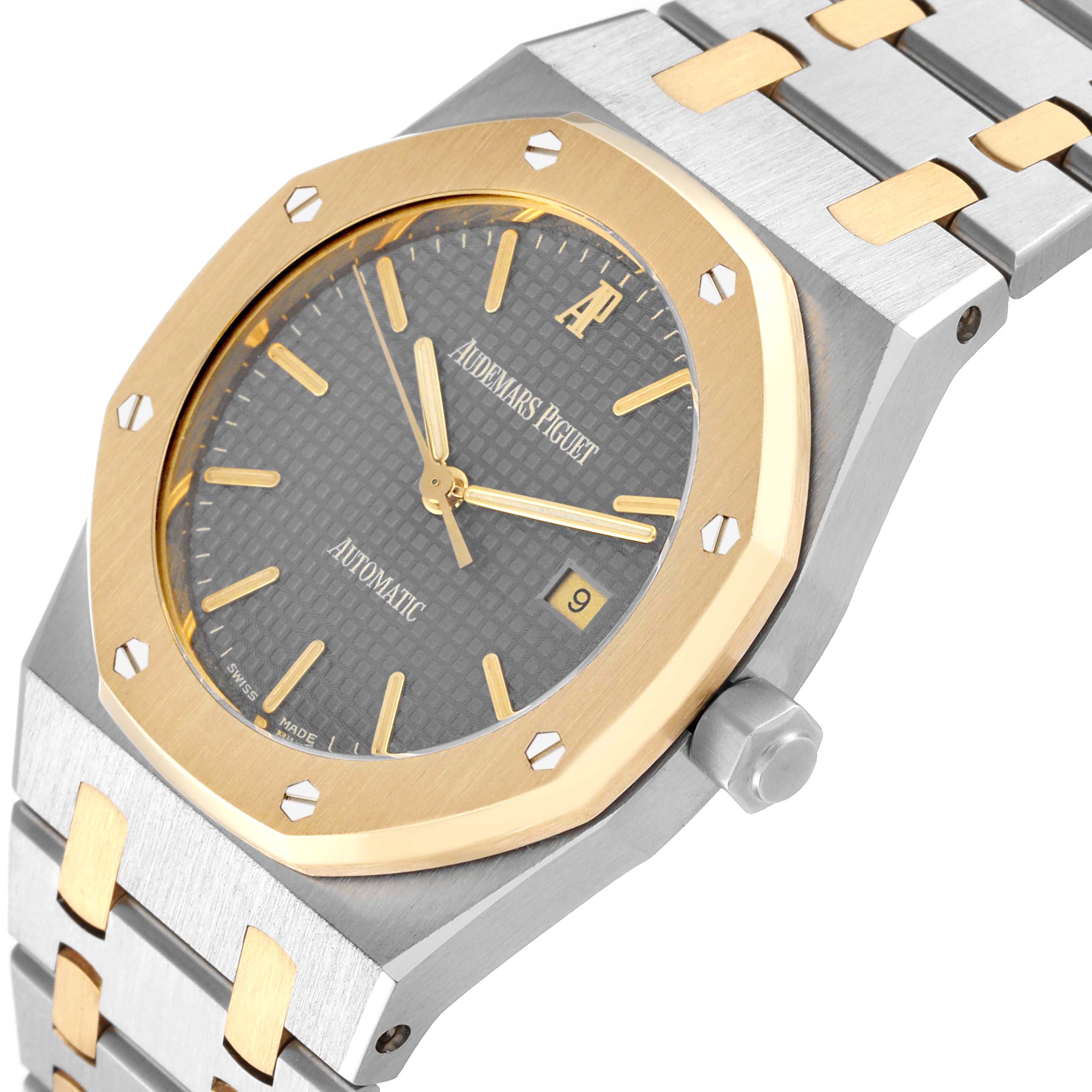 The image shows a close-up angle of an Audemars Piguet Royal Oak 15000SA Men's Steel and Gold (two tone) Grey Dial 15000SA Men's Steel and Gold (two tone) Grey Dial watch, highlighting the face, bezel, and part of the bracelet.