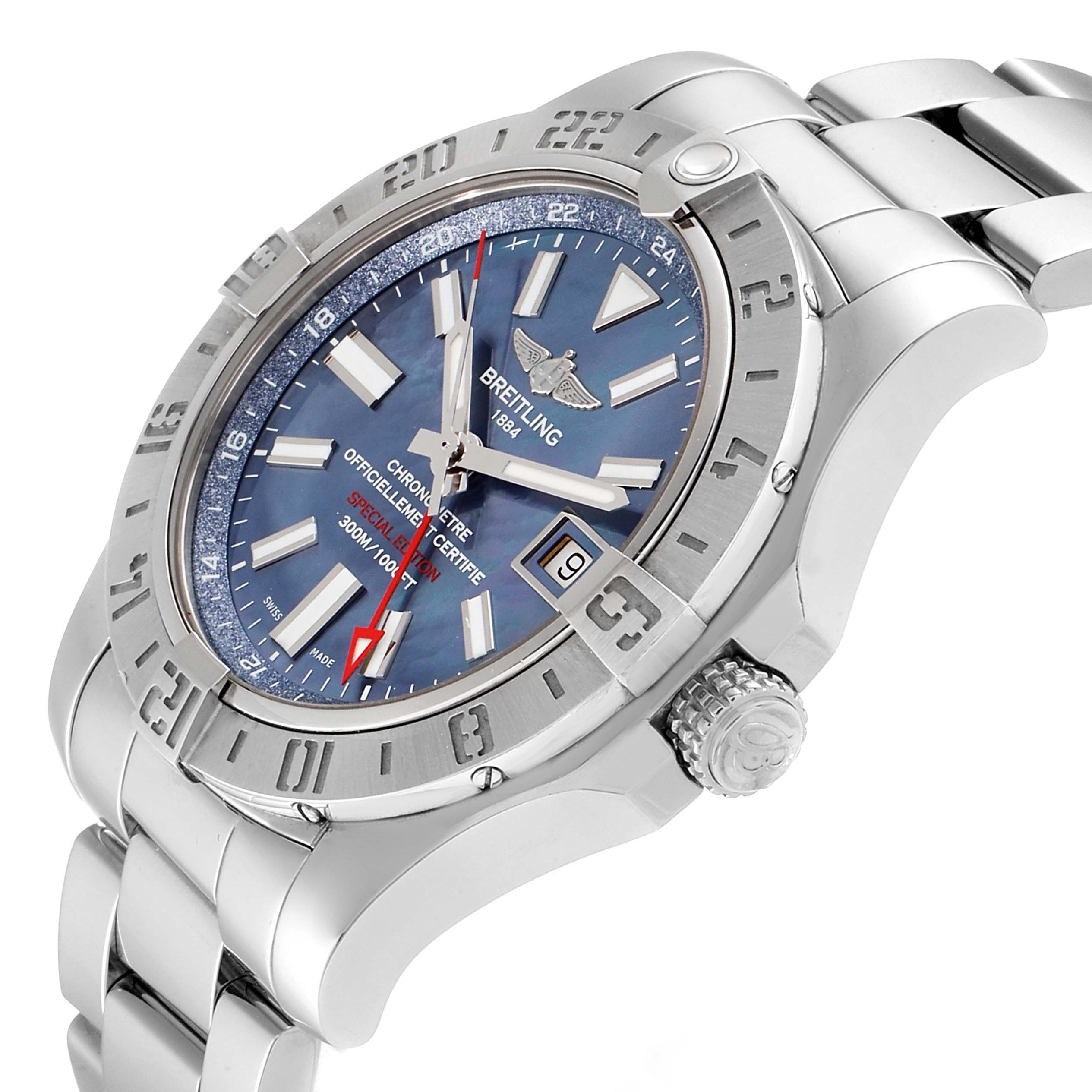 This image of a Breitling Avenger A32390 Men's Stainless Steel Blue Dial A32390 Men's Stainless Steel Blue Dial watch shows a side-angle view, highlighting the face, bezel, crown, and metal bracelet.