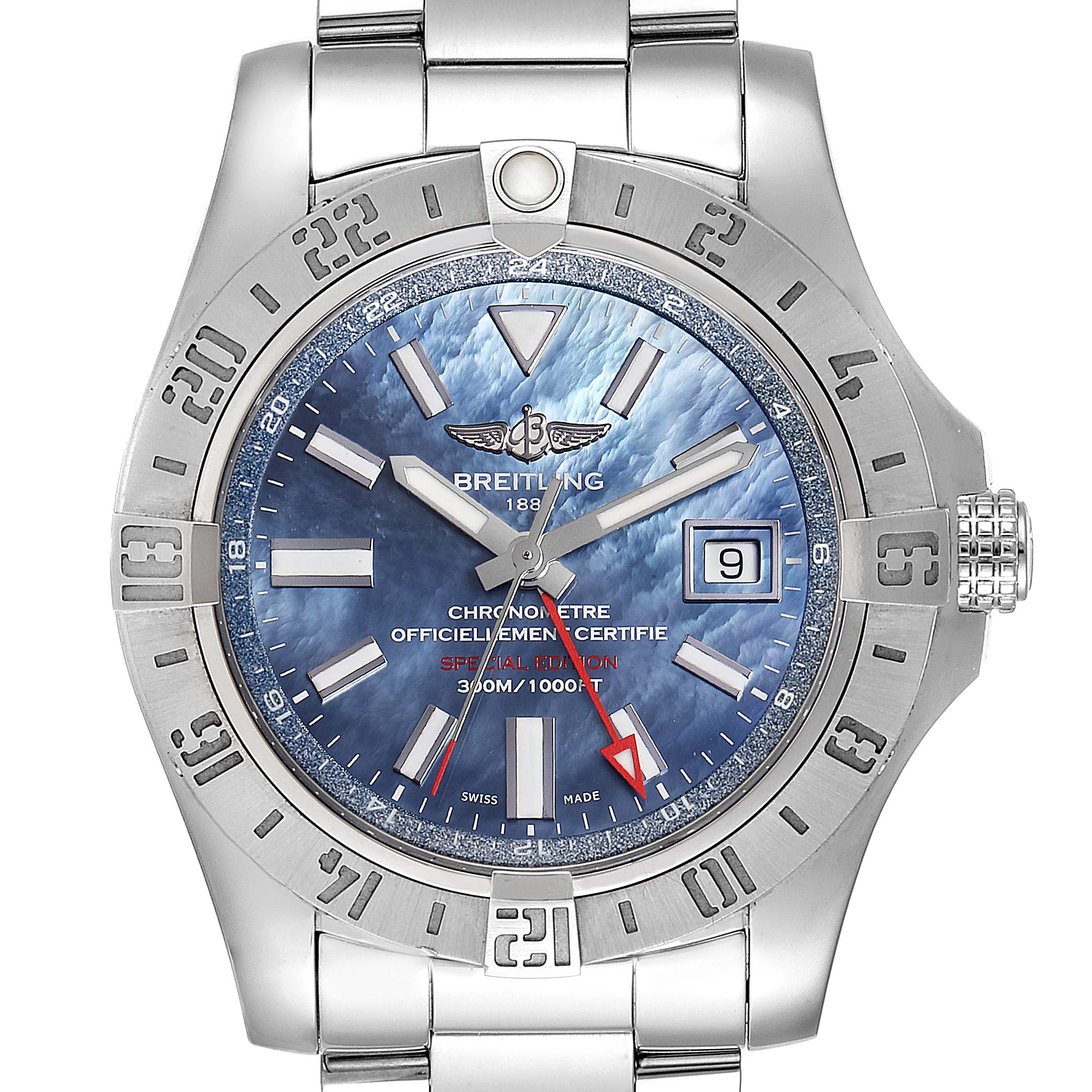 This is a front view of the Breitling Avenger A32390 Men's Stainless Steel Blue Dial A32390 Men's Stainless Steel Blue Dial watch, showing the face, bezel, bracelet, and crown.
