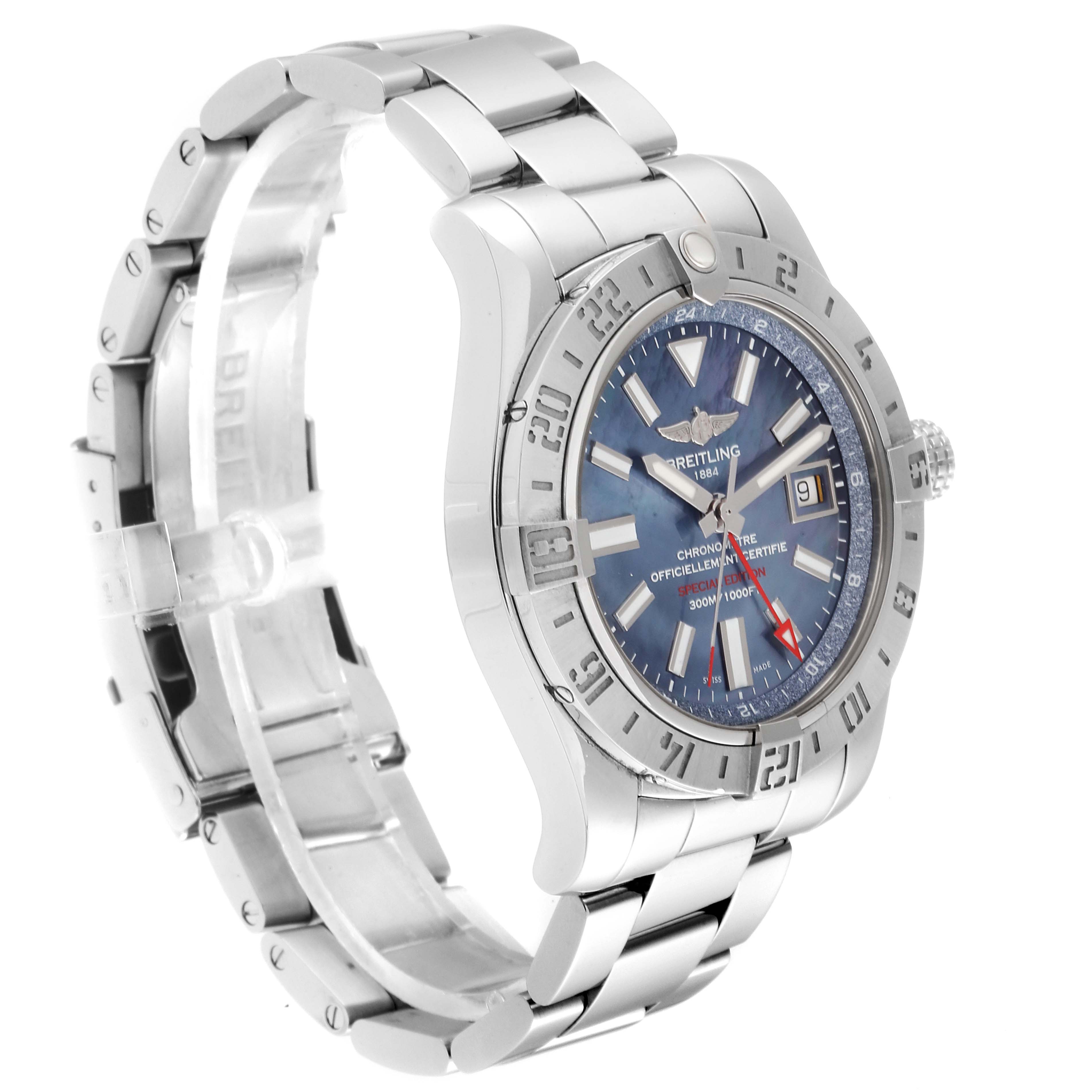 The image shows a side angle view of a Breitling Avenger A32390 Men's Stainless Steel Blue Dial A32390 Men's Stainless Steel Blue Dial watch, highlighting its metal band, crown, and blue dial.