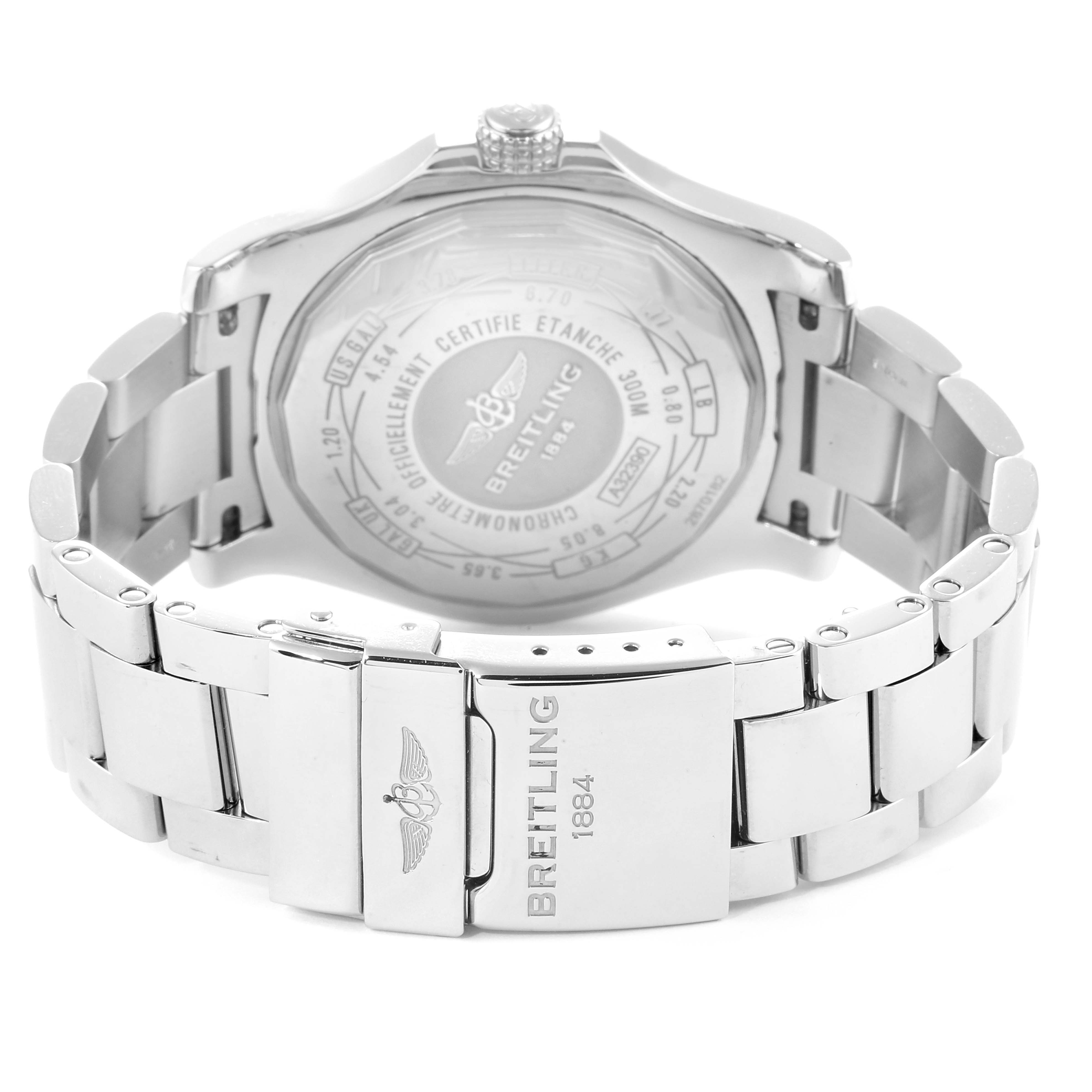 This image shows the backside and clasp of a Breitling Avenger A32390 Men's Stainless Steel Blue Dial A32390 Men's Stainless Steel Blue Dial watch, highlighting the engravings and metal bracelet.
