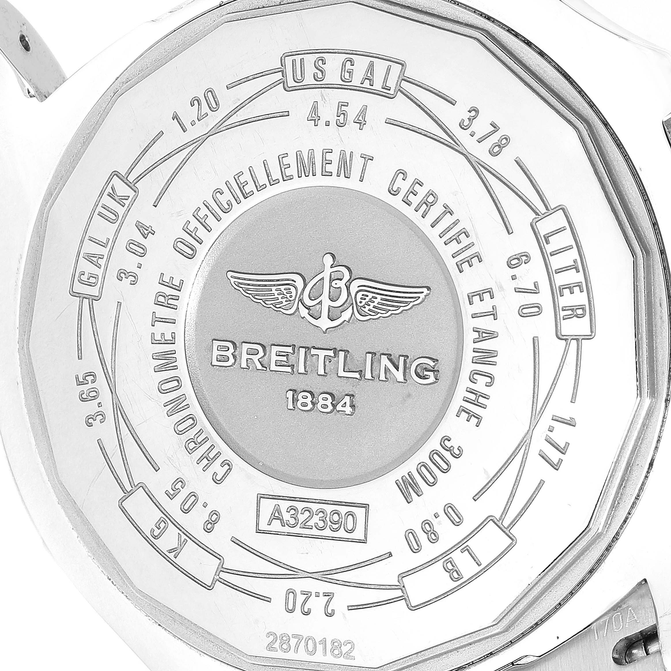 This is a rear view of the Breitling Avenger A32390 Men's Stainless Steel Blue Dial A32390 Men's Stainless Steel Blue Dial watch, showcasing its case back with various measurements and engravings.