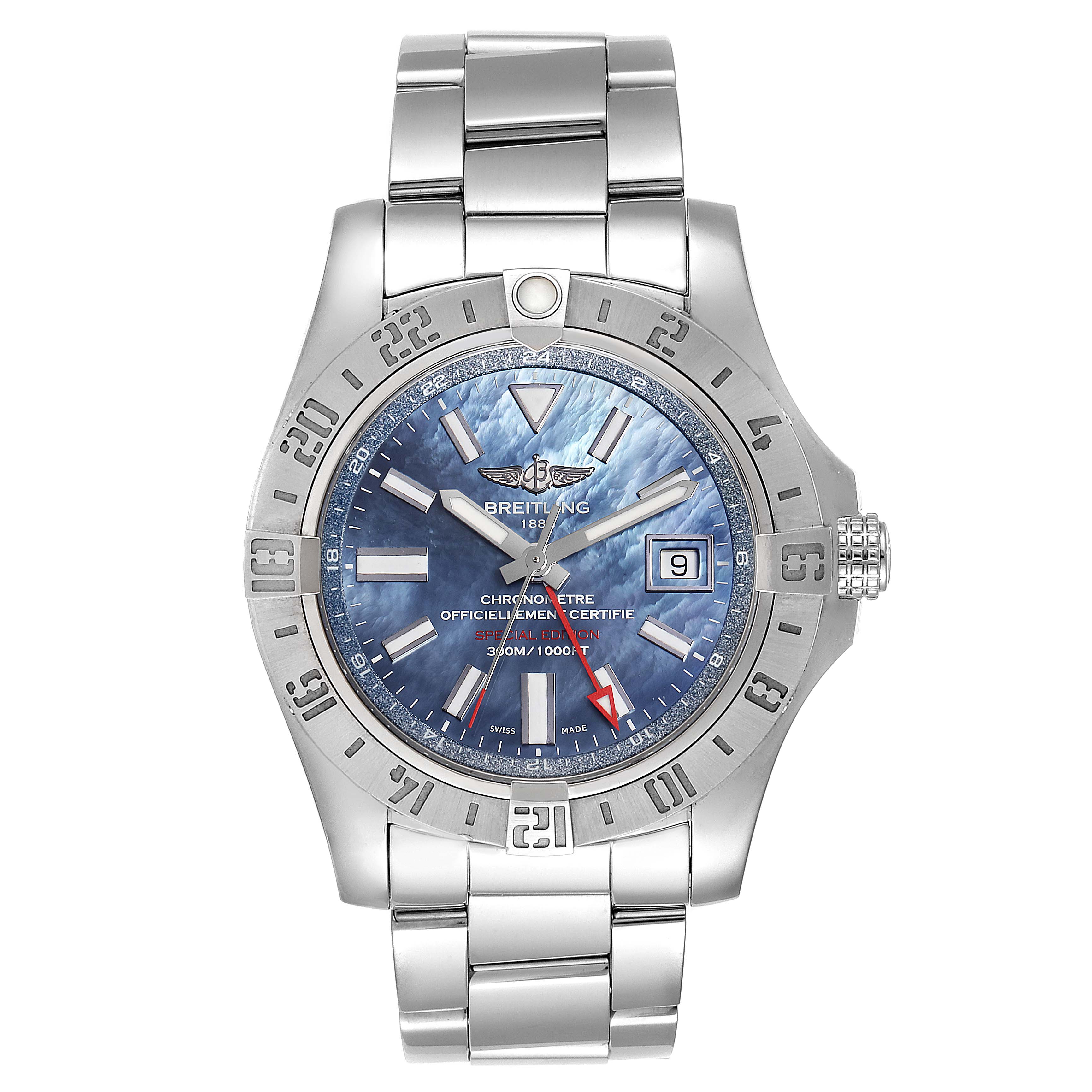 The image shows a front view of the Breitling Avenger A32390 Men's Stainless Steel Blue Dial A32390 Men's Stainless Steel Blue Dial watch, highlighting its dial, bezel, bracelet, and crown.