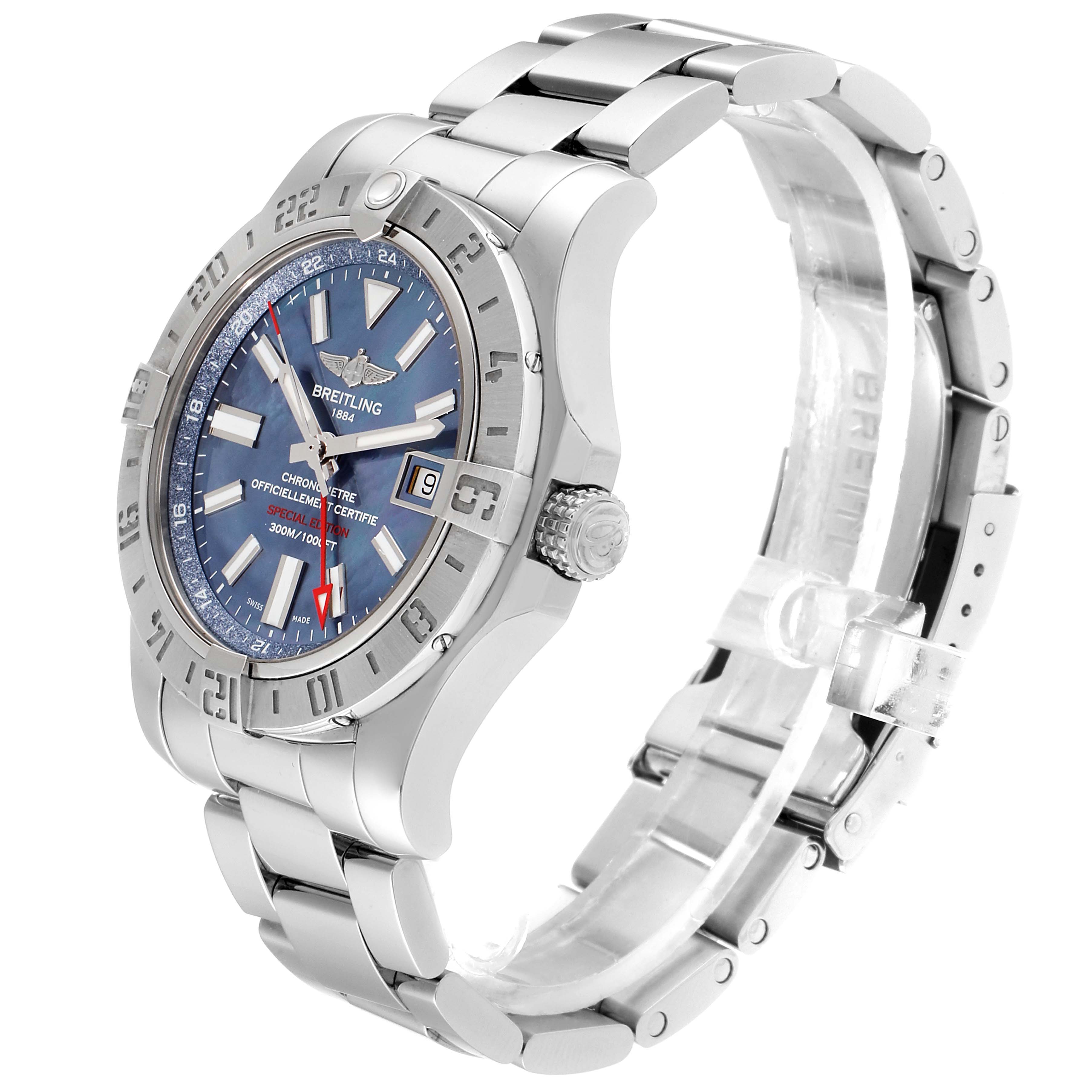The image shows the Breitling Avenger A32390 Men's Stainless Steel Blue Dial A32390 Men's Stainless Steel Blue Dial watch at a three-quarter angle, displaying the dial, bezel, crown, and bracelet.