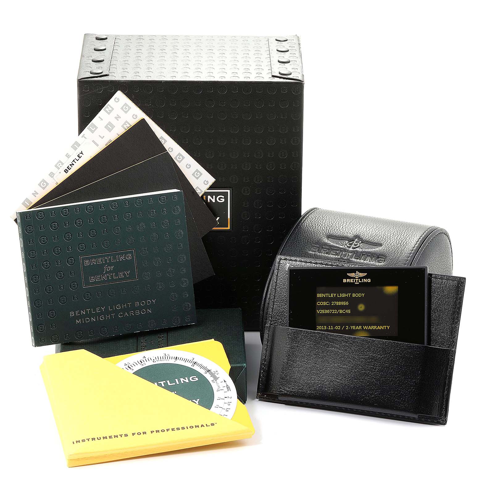 The image shows packaging and accessories, including a manual and warranty card, for a Breitling Bentley V25367 Men's Titanium Black Dial V25367 Men's Titanium Black Dial model watch.