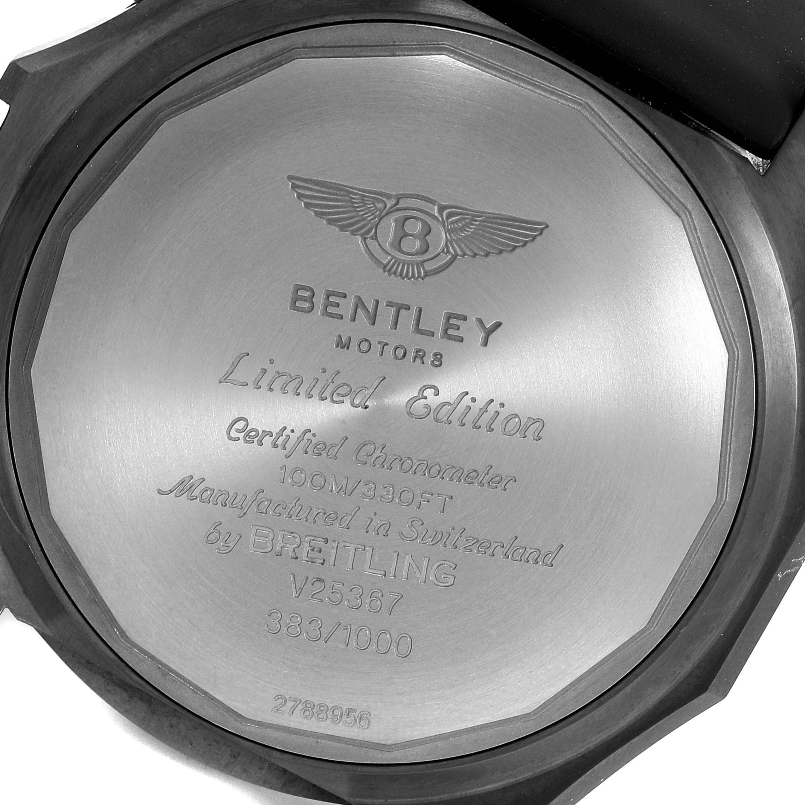 The image shows the case back of a Bentley model watch by Breitling, engraved with model details and certification.