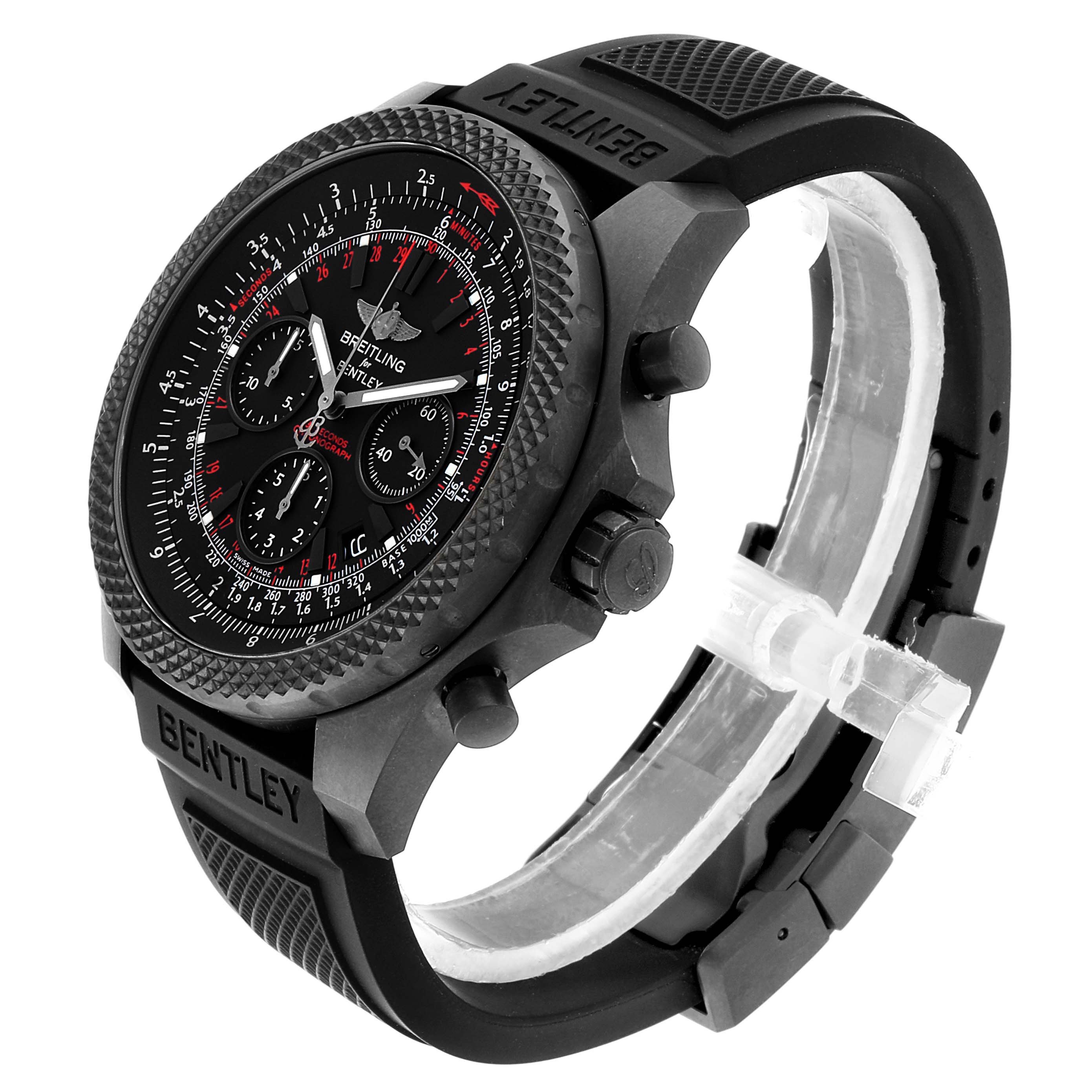 This image shows a Breitling Bentley V25367 Men's Titanium Black Dial V25367 Men's Titanium Black Dial watch at an angled side view featuring its face, bezel, and black strap.